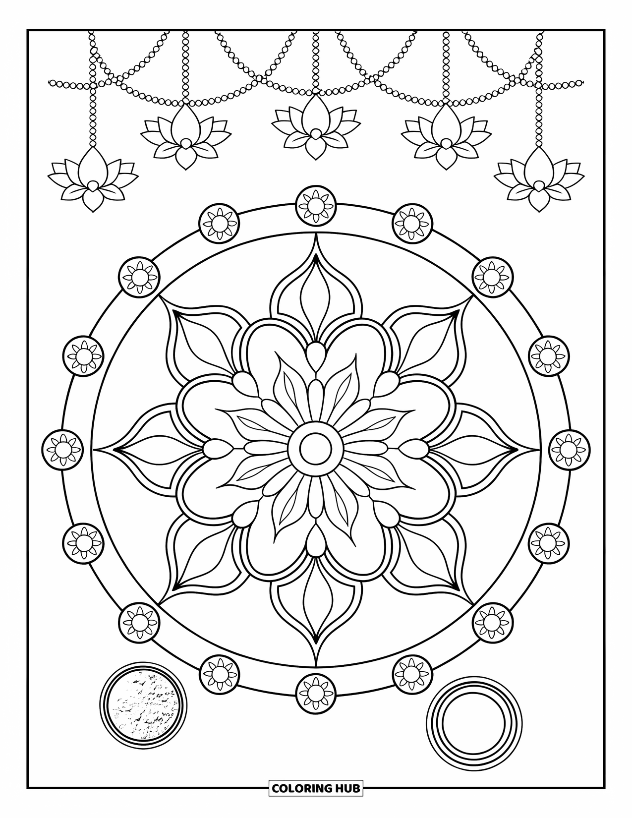 Diwali Coloring Page for Kids: A grand rangoli glows with lamps in a circular courtyard