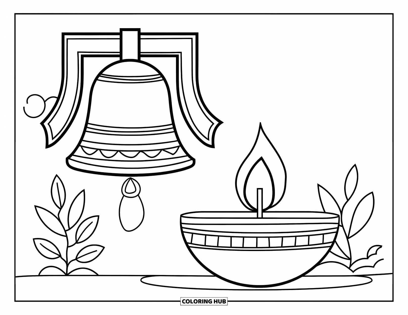 Diwali Coloring Page for Kids: A hanging bell and diya glow softly near leaves and flowers