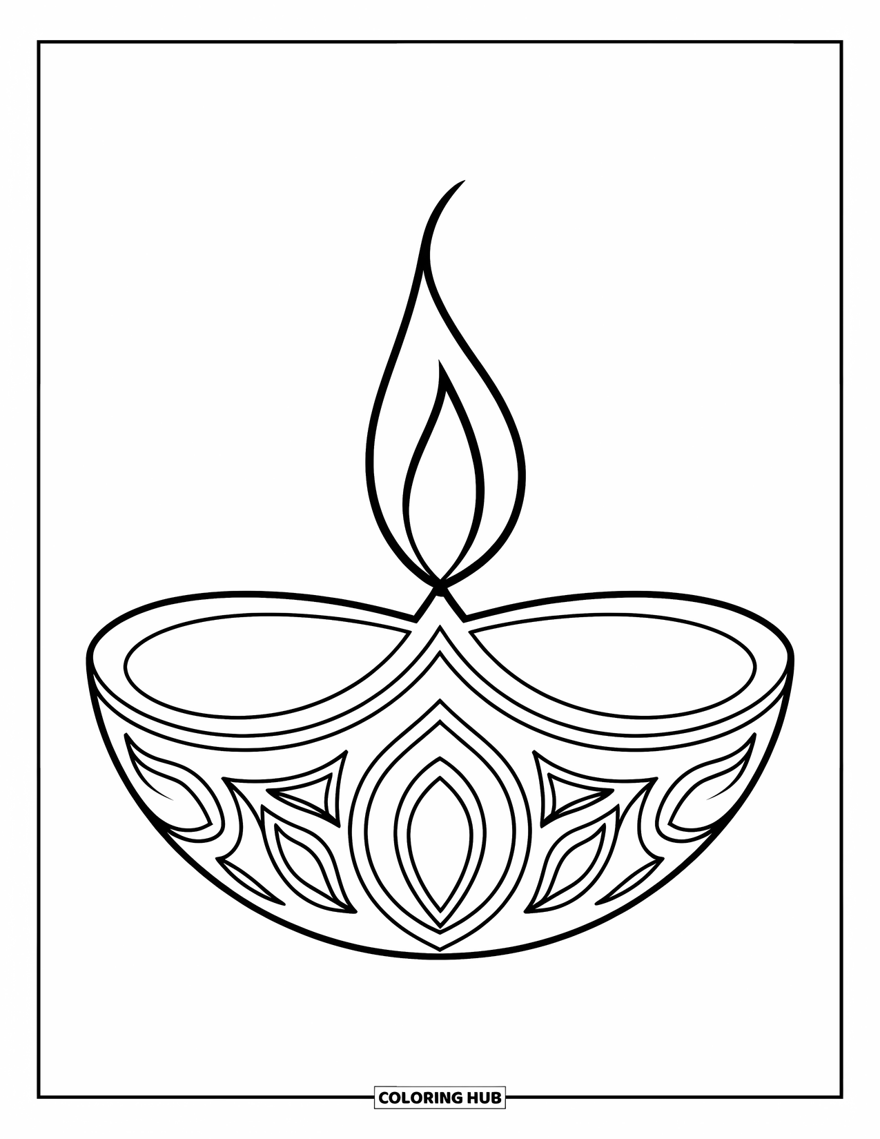Diwali Coloring Page for Kids: A lotus-shaped diya shines softly on a simple white surface
