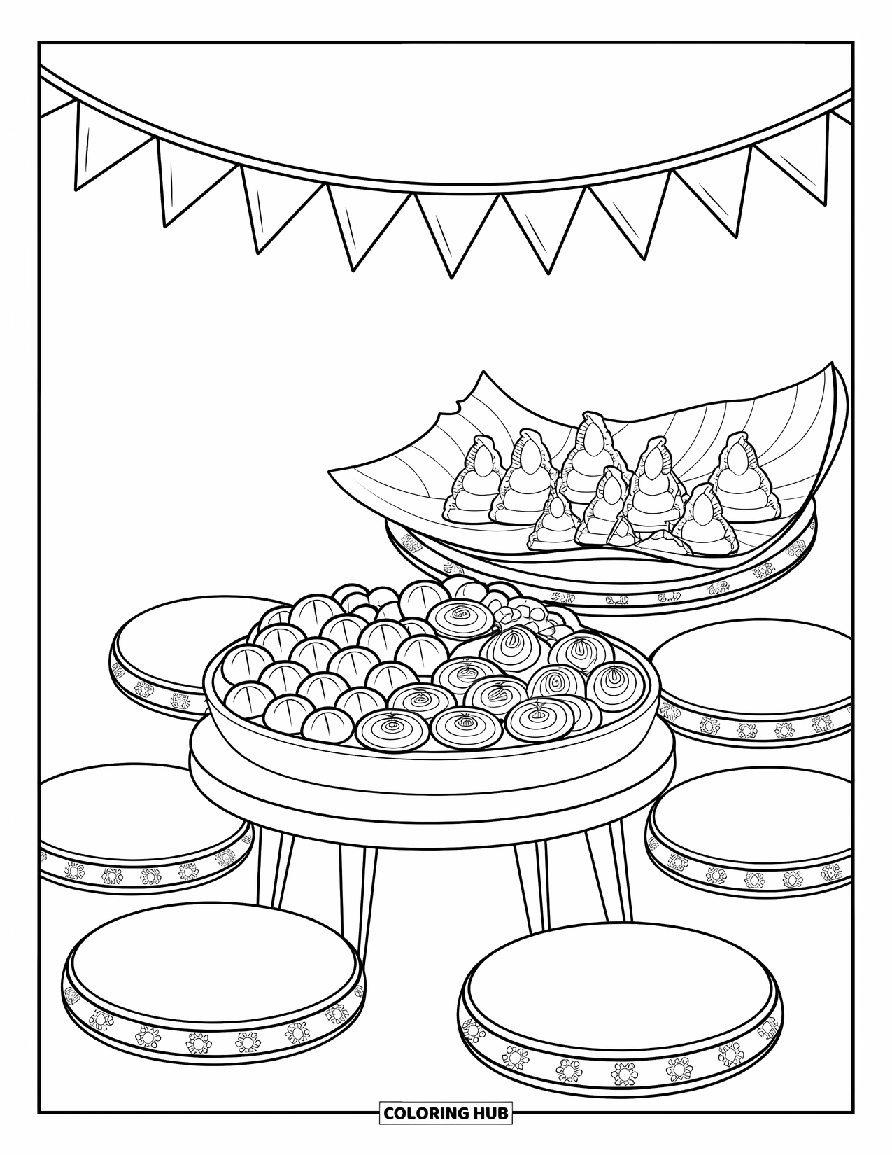 Diwali Coloring Page for Kids: A low table with mithai and snacks ready for celebration