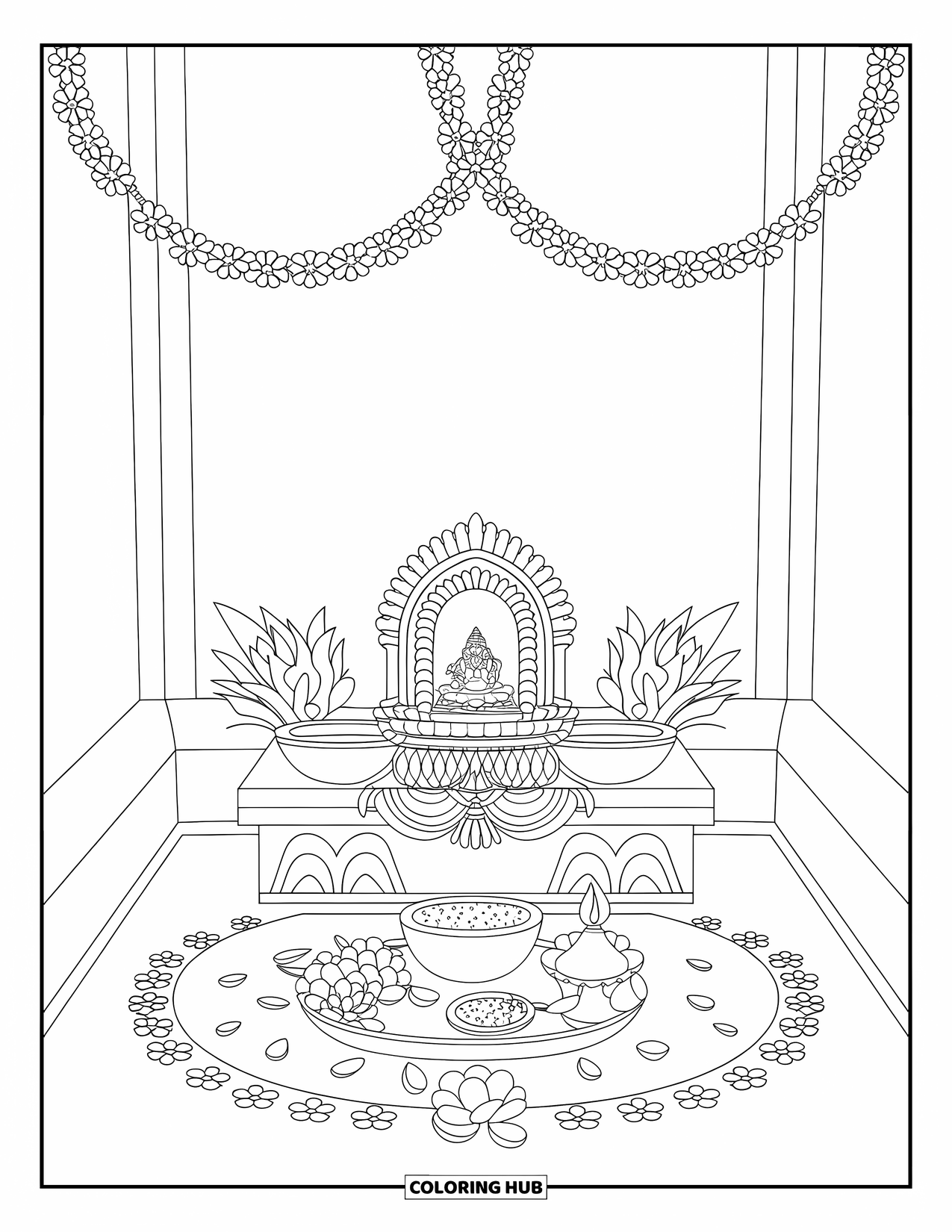 Diwali Coloring Page for Kids: A peaceful altar setup with a kalash, idol, and glowing diya