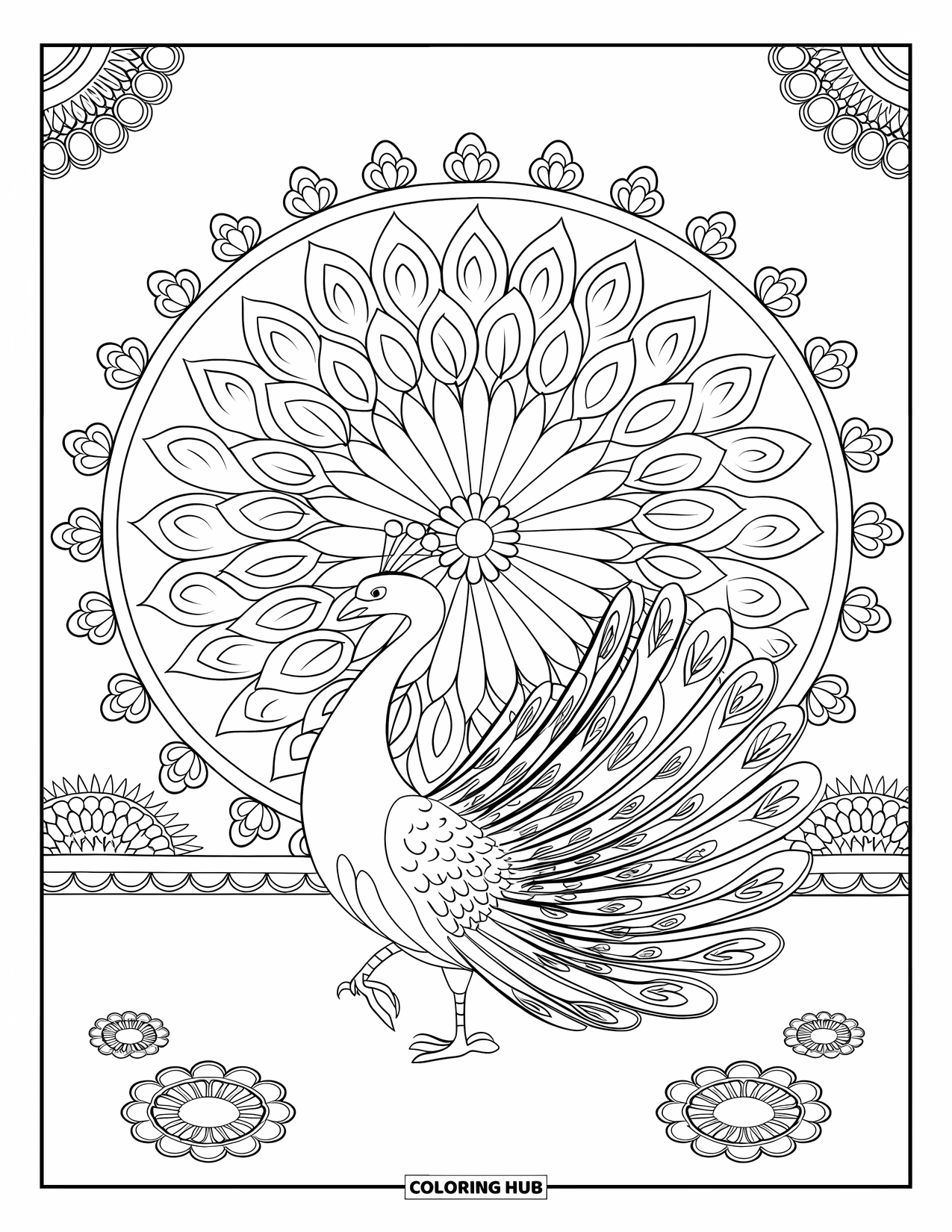 Diwali Coloring Page for Kids: A peacock dances among lamps and flowers in a festive scene