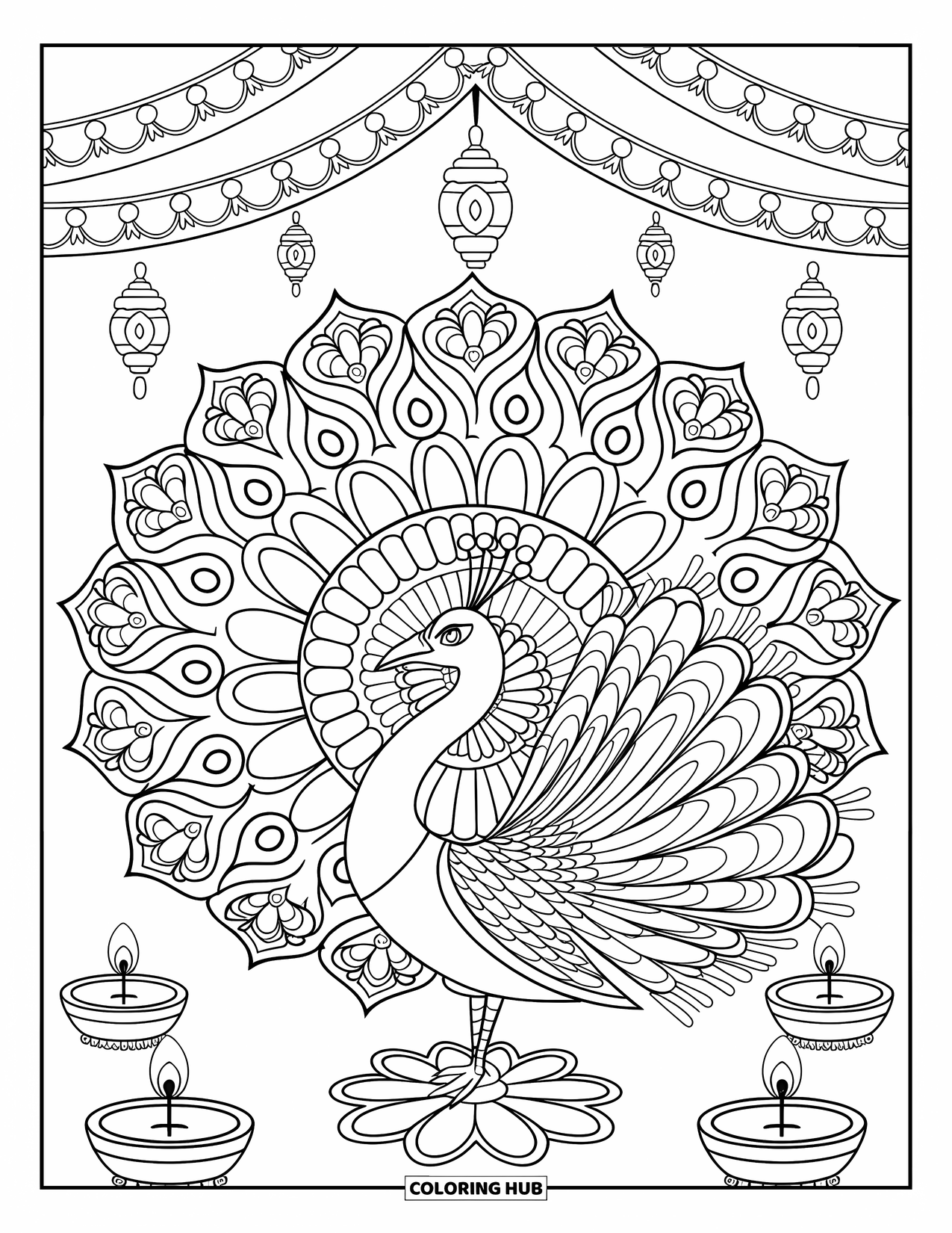 Diwali Coloring Page for Kids: A peacock spreads its feathers before a radiant rangoli
