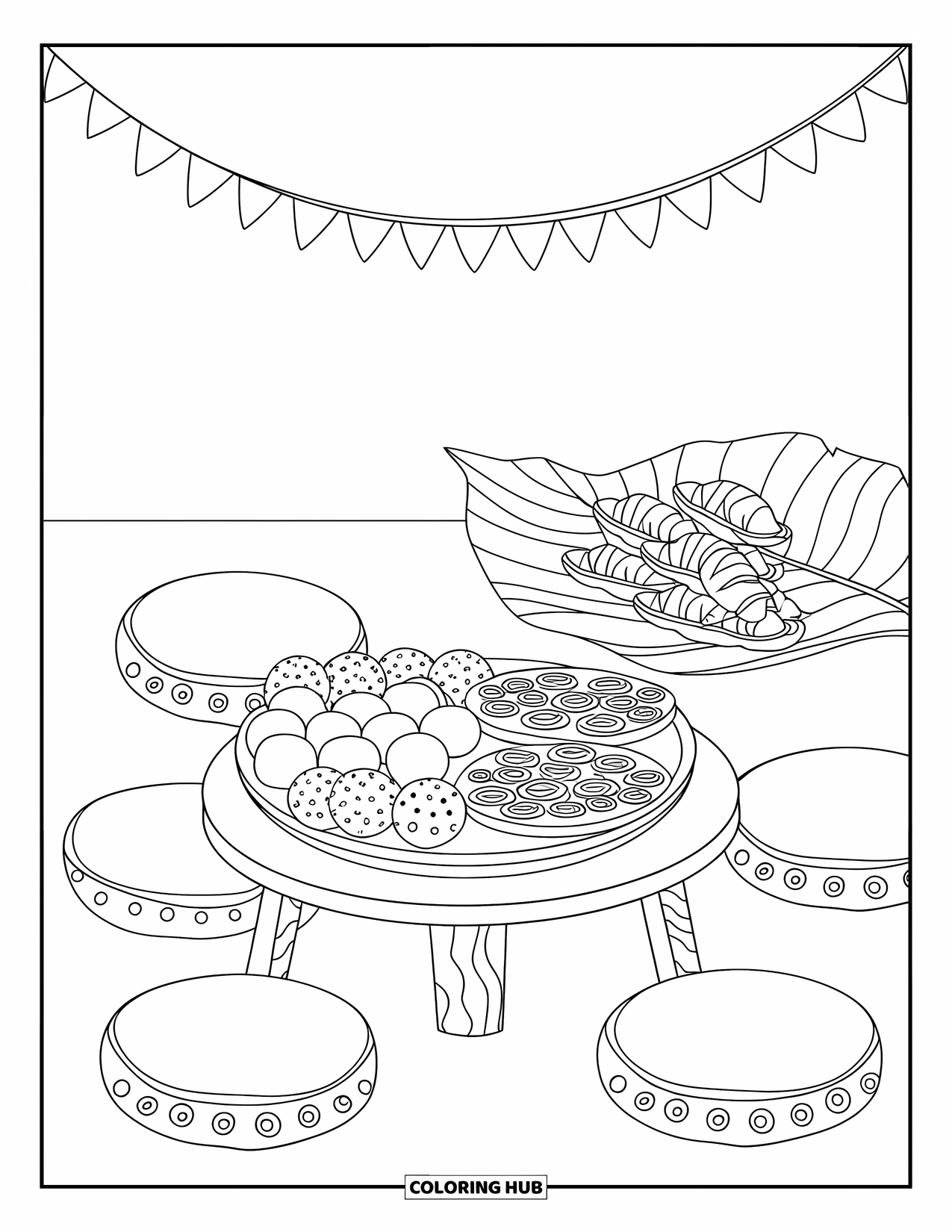 Diwali Coloring Page for Kids: A platter of sweets and snacks rests on a cozy table