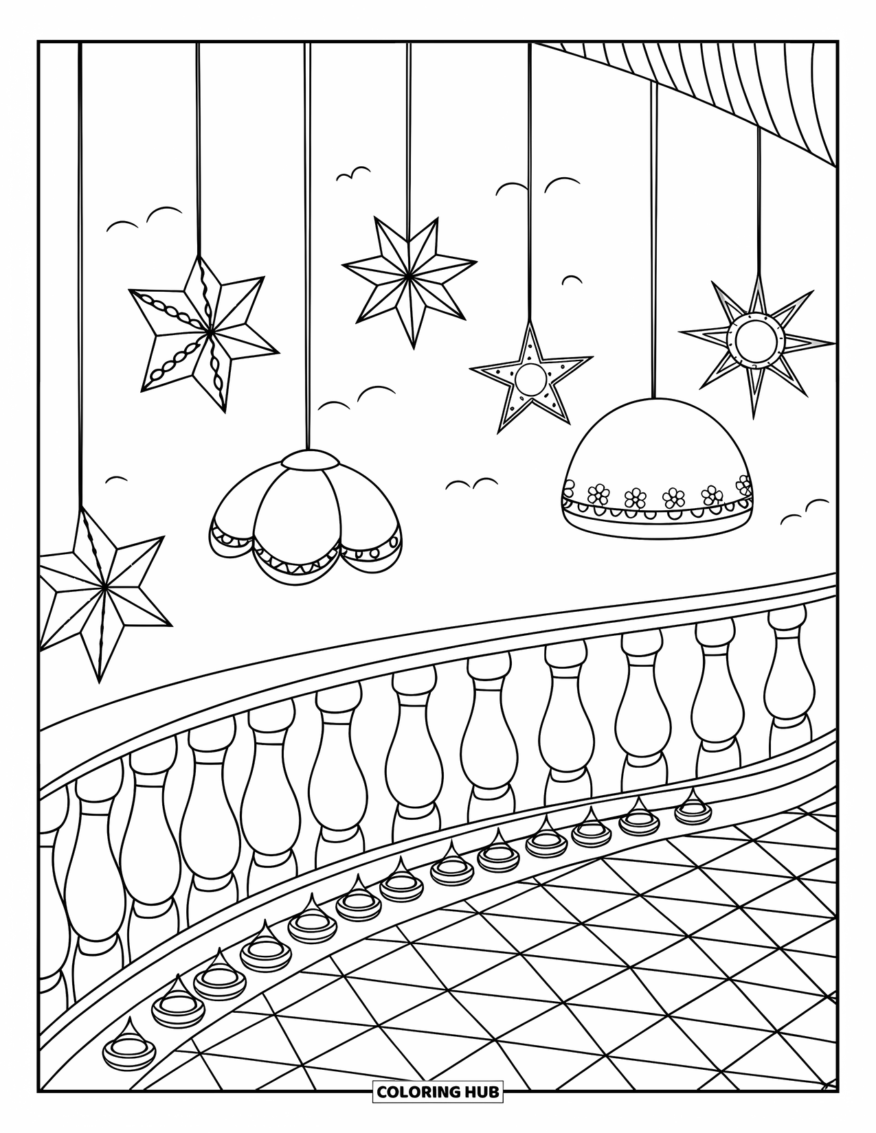 Diwali Coloring Page for Kids: A rooftop decked with lanterns and a row of diyas