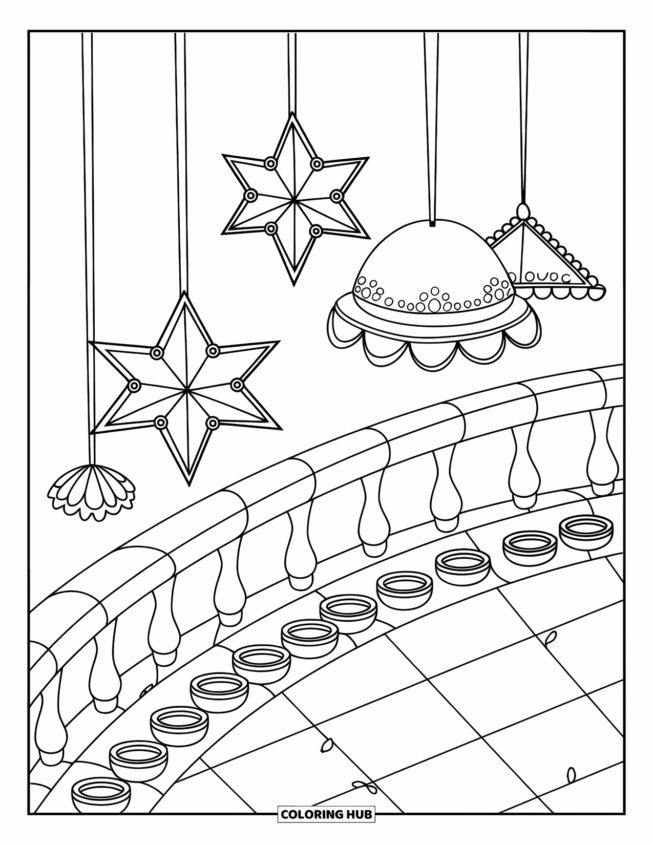 Diwali Coloring Page for Kids: A rooftop glowing with hanging lanterns and rows of diyas