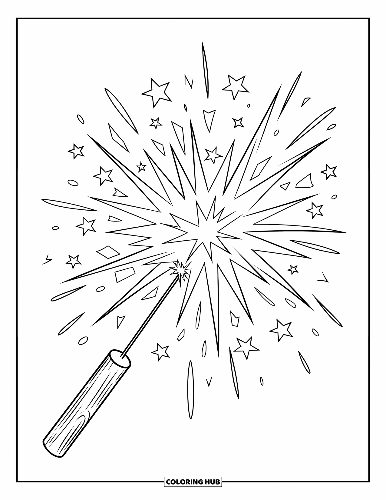 Diwali Coloring Page for Kids: A single firecracker bursts, scattering stars across the air
