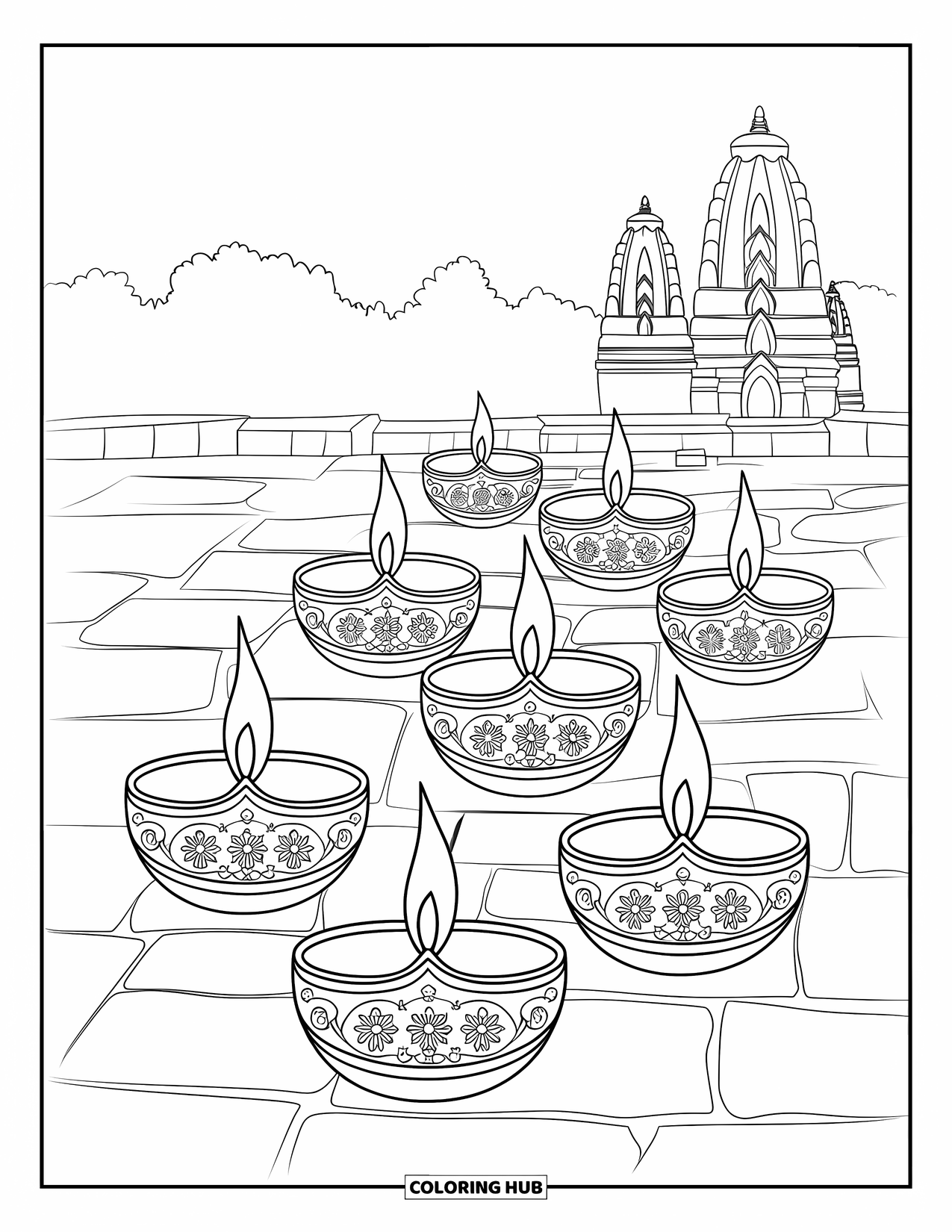 Diwali Coloring Page for Kids: A spiral of diyas lights up the temple courtyard