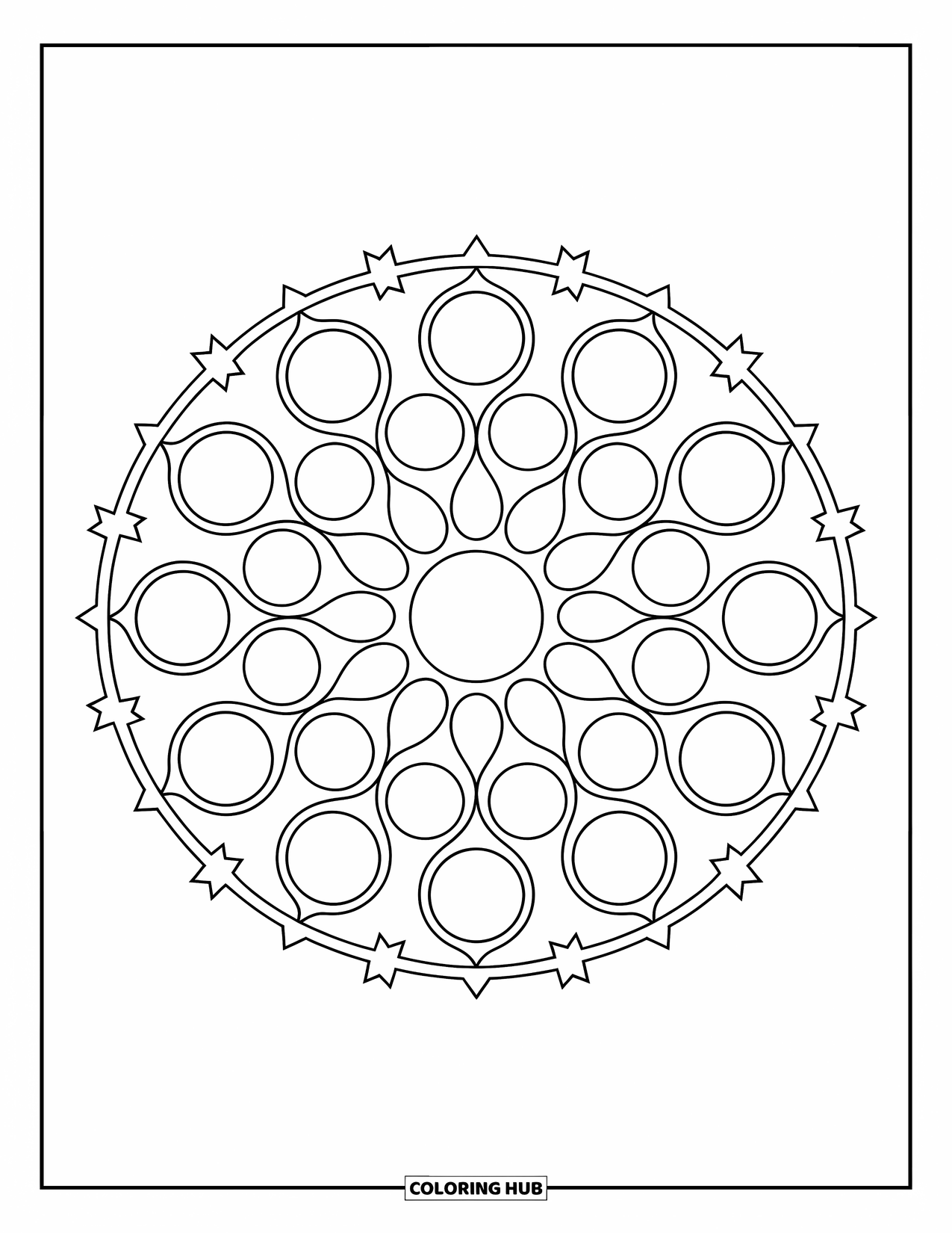 Diwali Coloring Page for Kids: A starry rangoli pattern glows with circles and petals