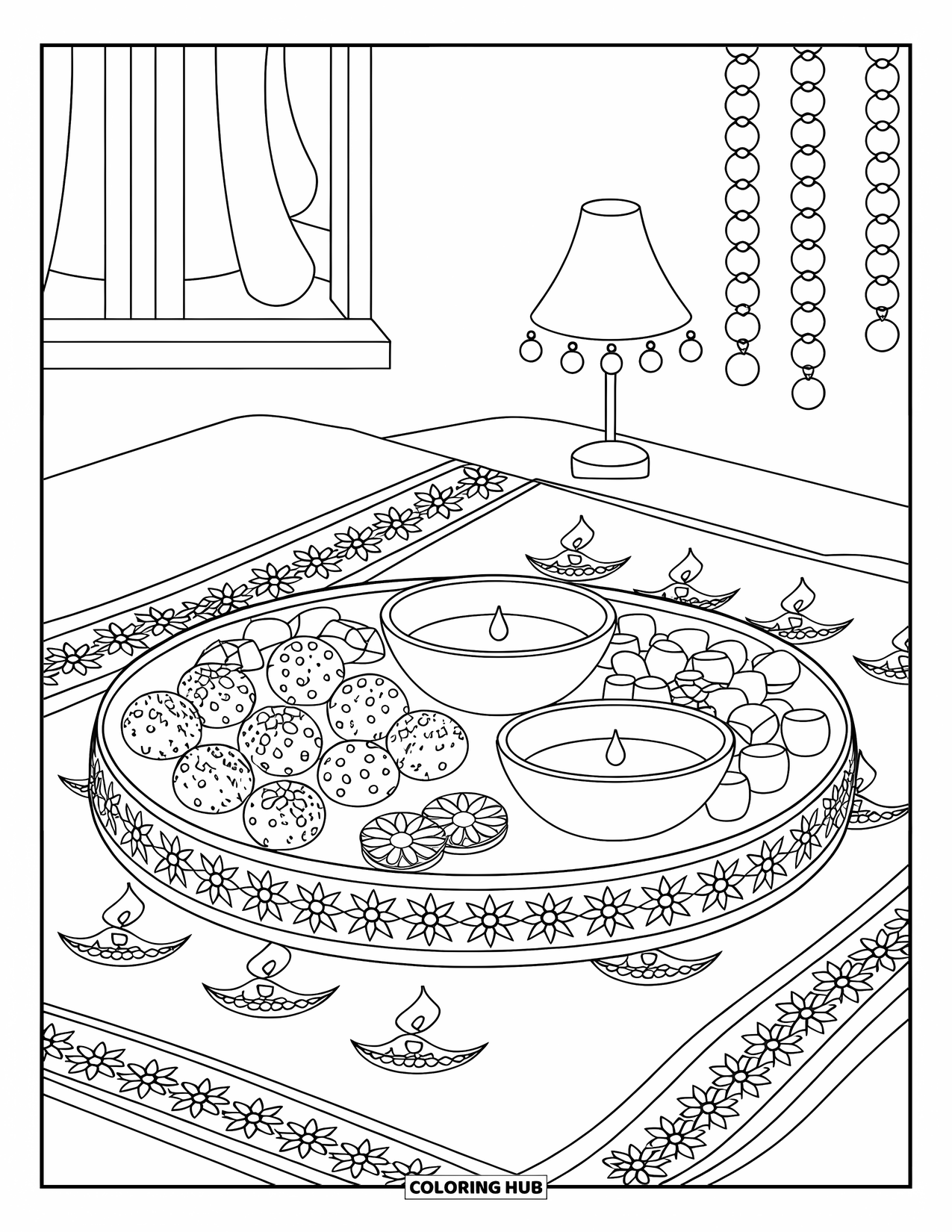 Diwali Coloring Page for Kids: A sweet-filled tray rests on patterned fabric with a candle