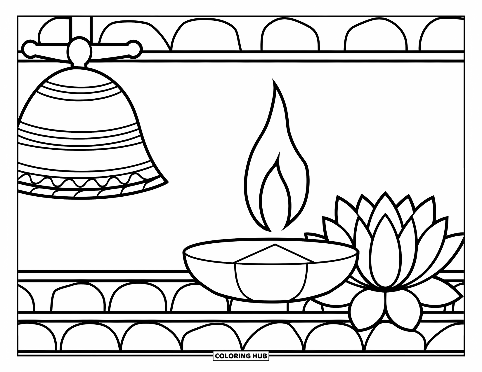 Diwali Coloring Page for Kids: A temple bell hangs gracefully beside a glowing diya