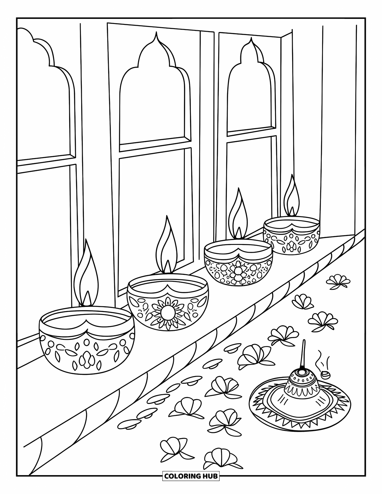 Diwali Coloring Page for Kids: A windowsill decorated with diyas, petals, and incense thali