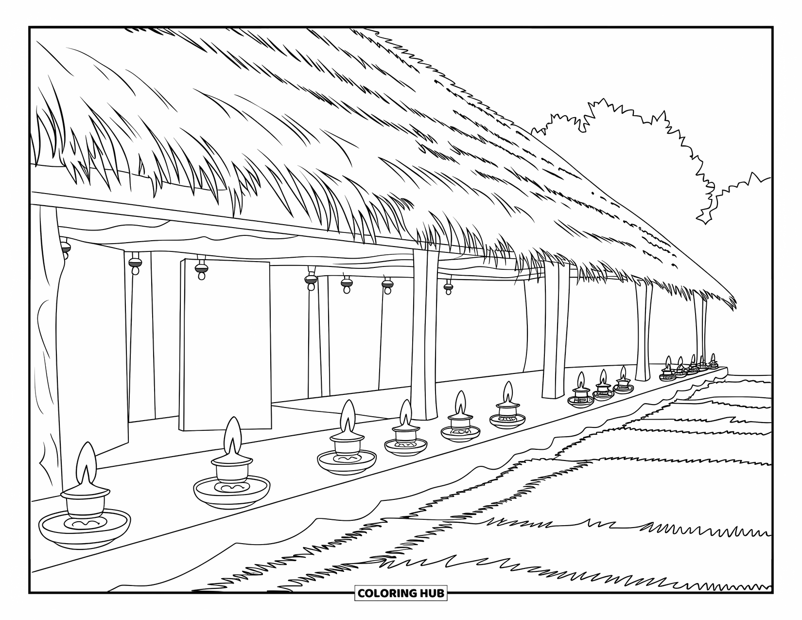 Diwali Coloring Page for Kids: A wooden home shines under the soft glow of hanging diyas