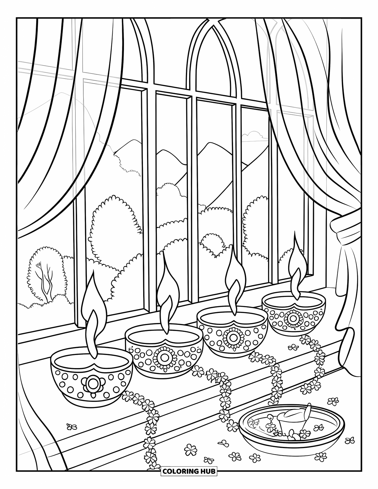 Diwali Coloring Page for Kids: Adorable diyas glow beside incense and marigolds on a sill