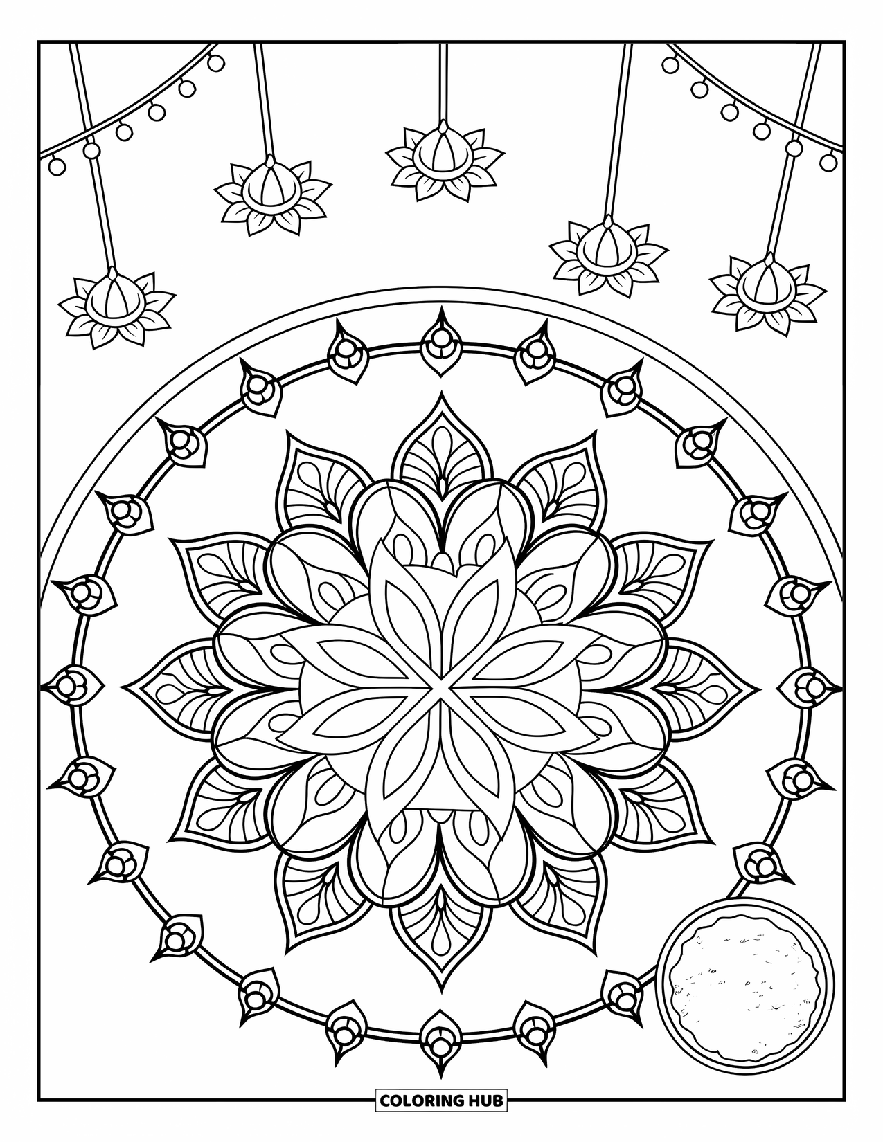 Diwali Coloring Page for Kids: Colorful powders and lamps frame a beautiful floral rangoli