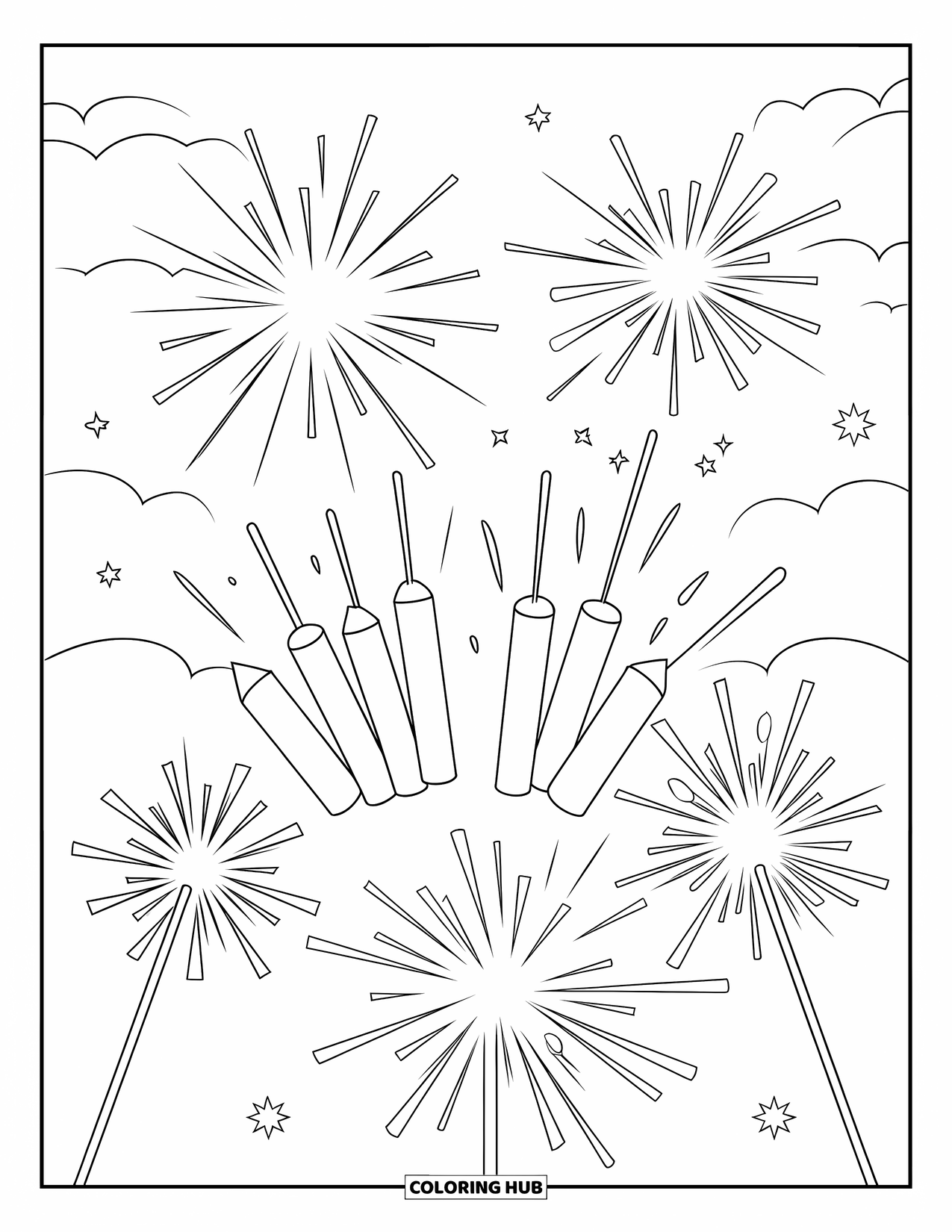 Diwali Coloring Page for Kids: Firecrackers and fireworks sparkle across a dark festive sky