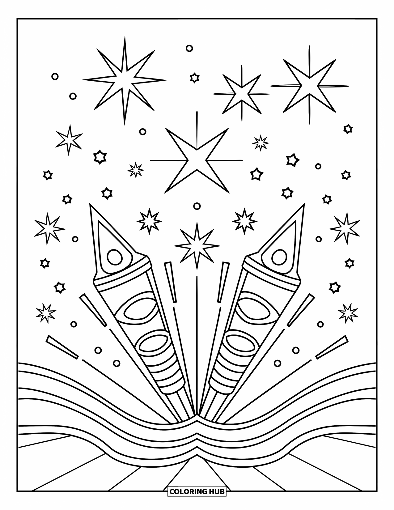 Diwali Coloring Page for Kids: Fireworks and sparklers light up the festive night sky
