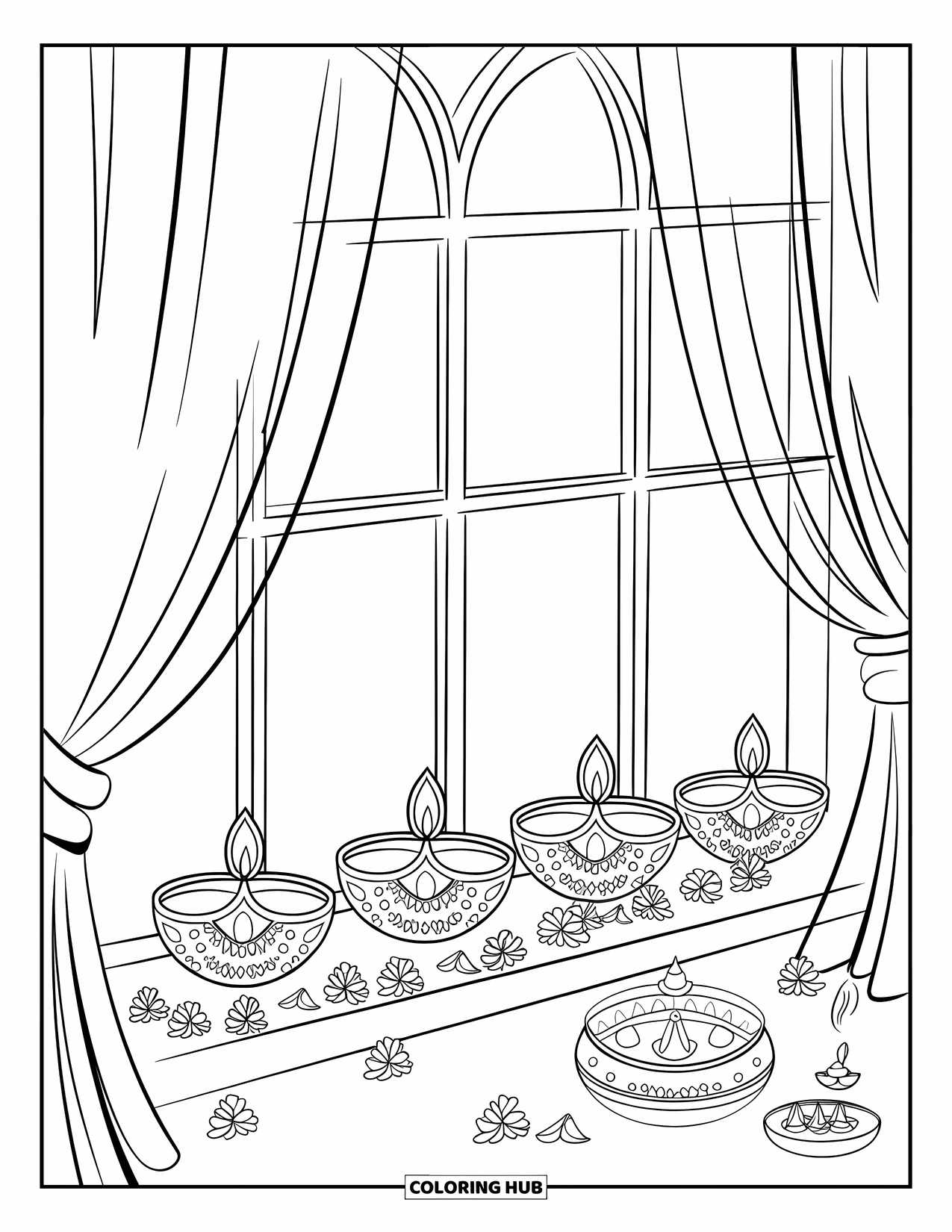 Diwali Coloring Page for Kids: Four glowing diyas rest on a windowsill of marigold petals
