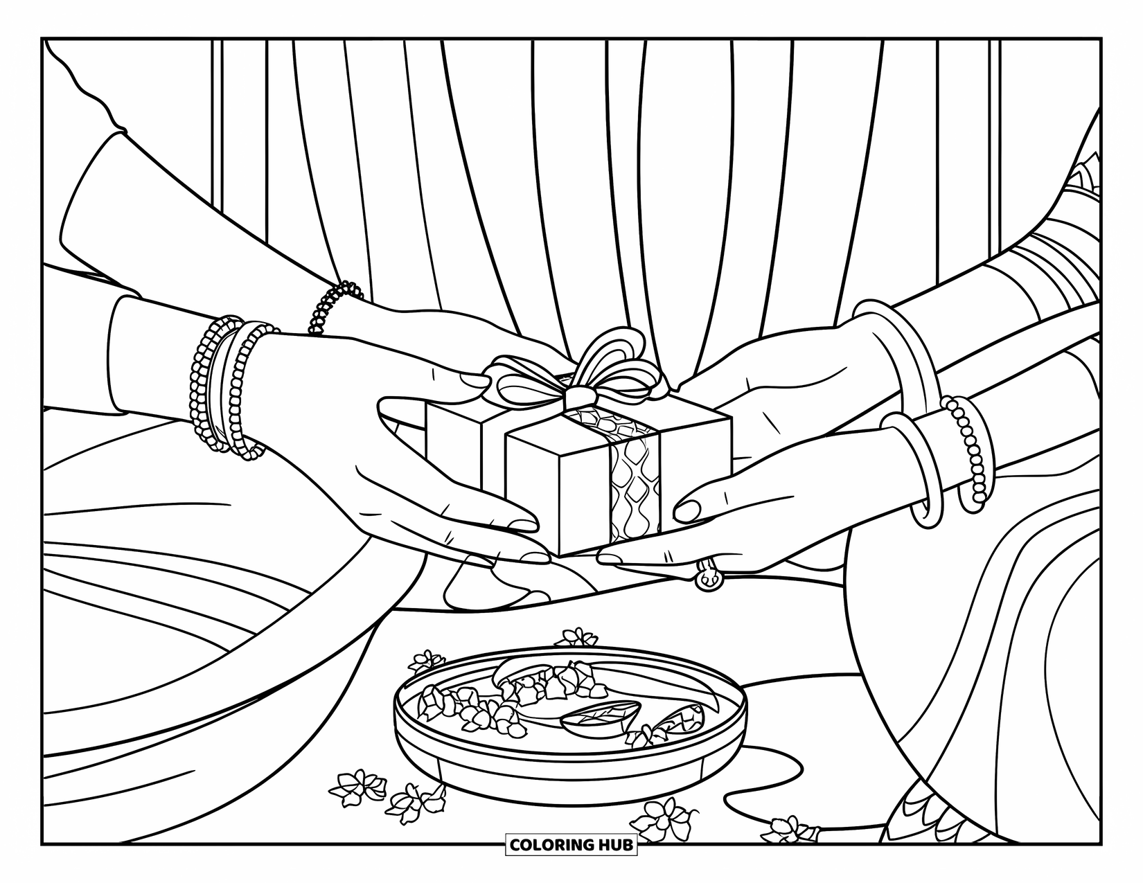 Diwali Coloring Page for Kids: Hands trade a wrapped gift beside sweets and glowing marigolds