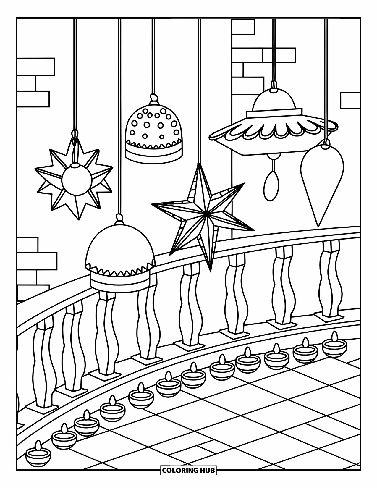 Diwali Coloring Page for Kids: Lanterns hang above a balcony lined with lit diyas