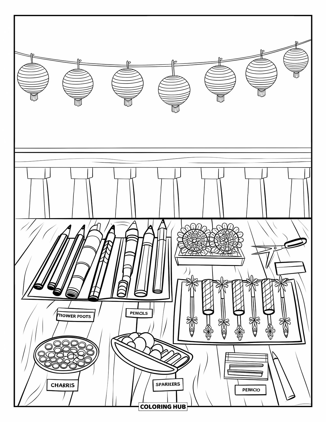 Diwali Coloring Page for Kids: Rows of firecrackers await lighting on a decorated table