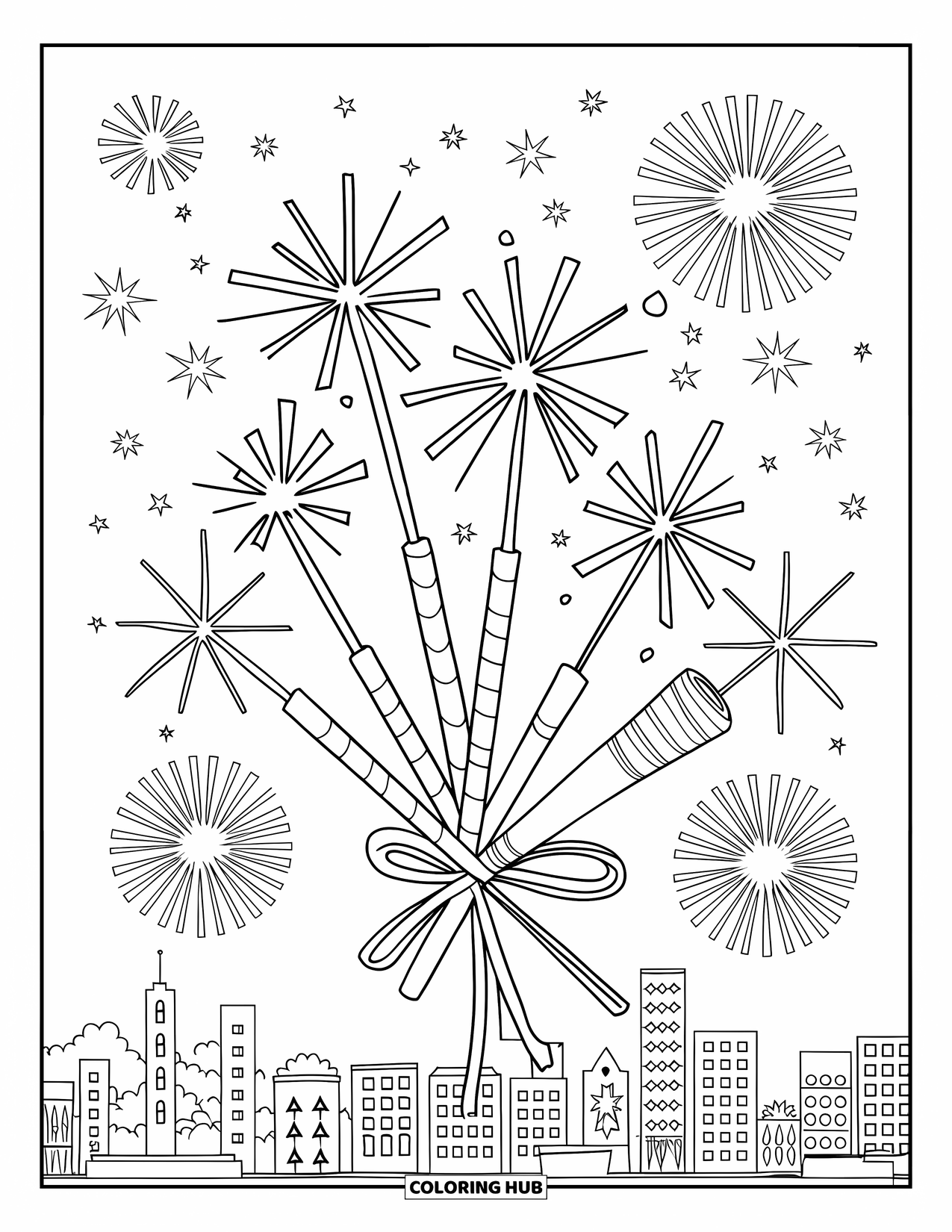 Diwali Coloring Page for Kids: Sparklers glow as fireworks burst above in celebration