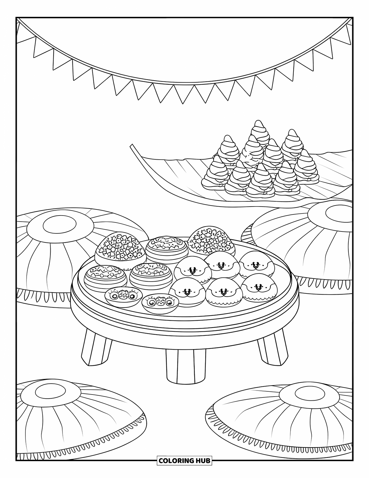 Diwali Coloring Page for Kids: Sweet treats and snacks decorate a festive low table