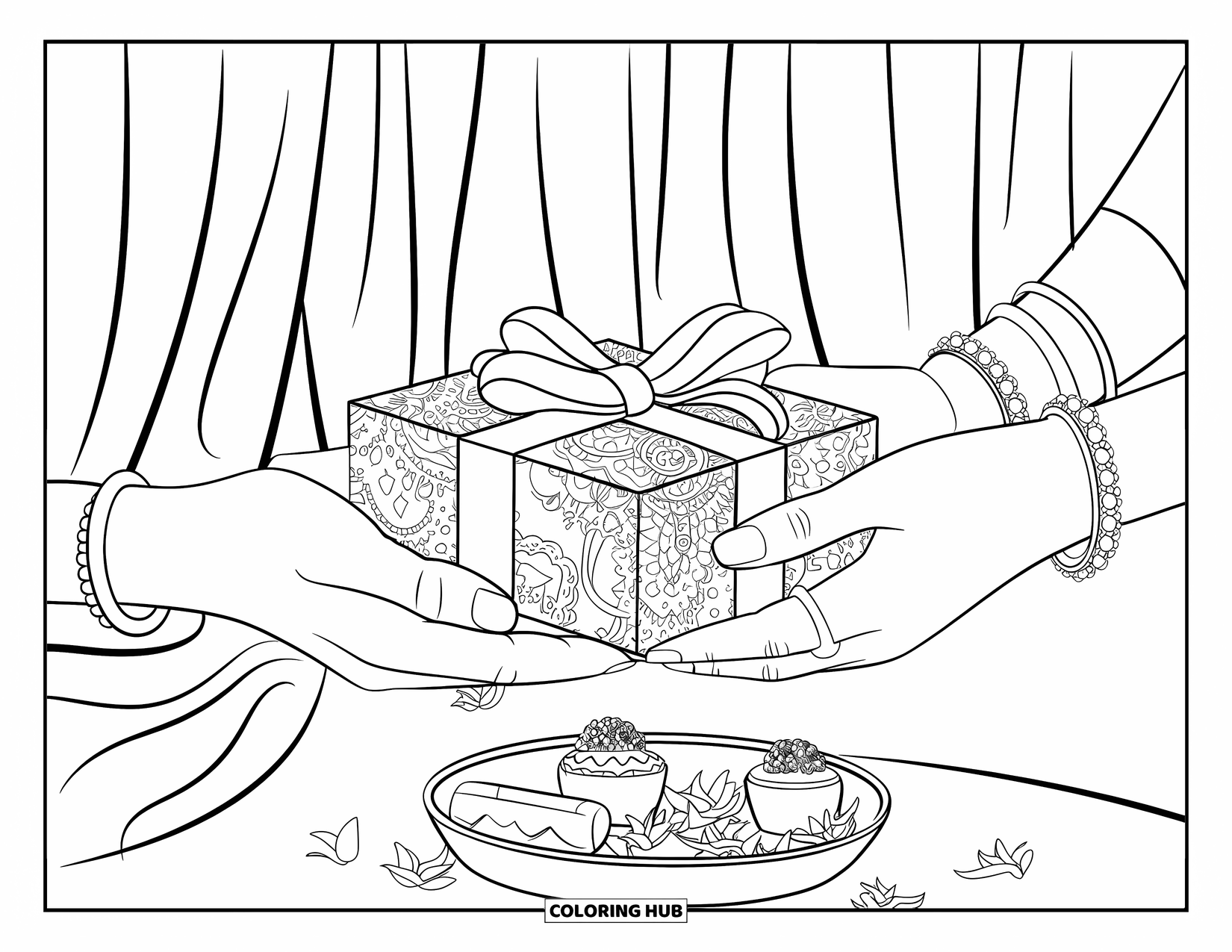 Diwali Coloring Page for Kids: Two hands exchange a beautifully wrapped gift in a festive setting