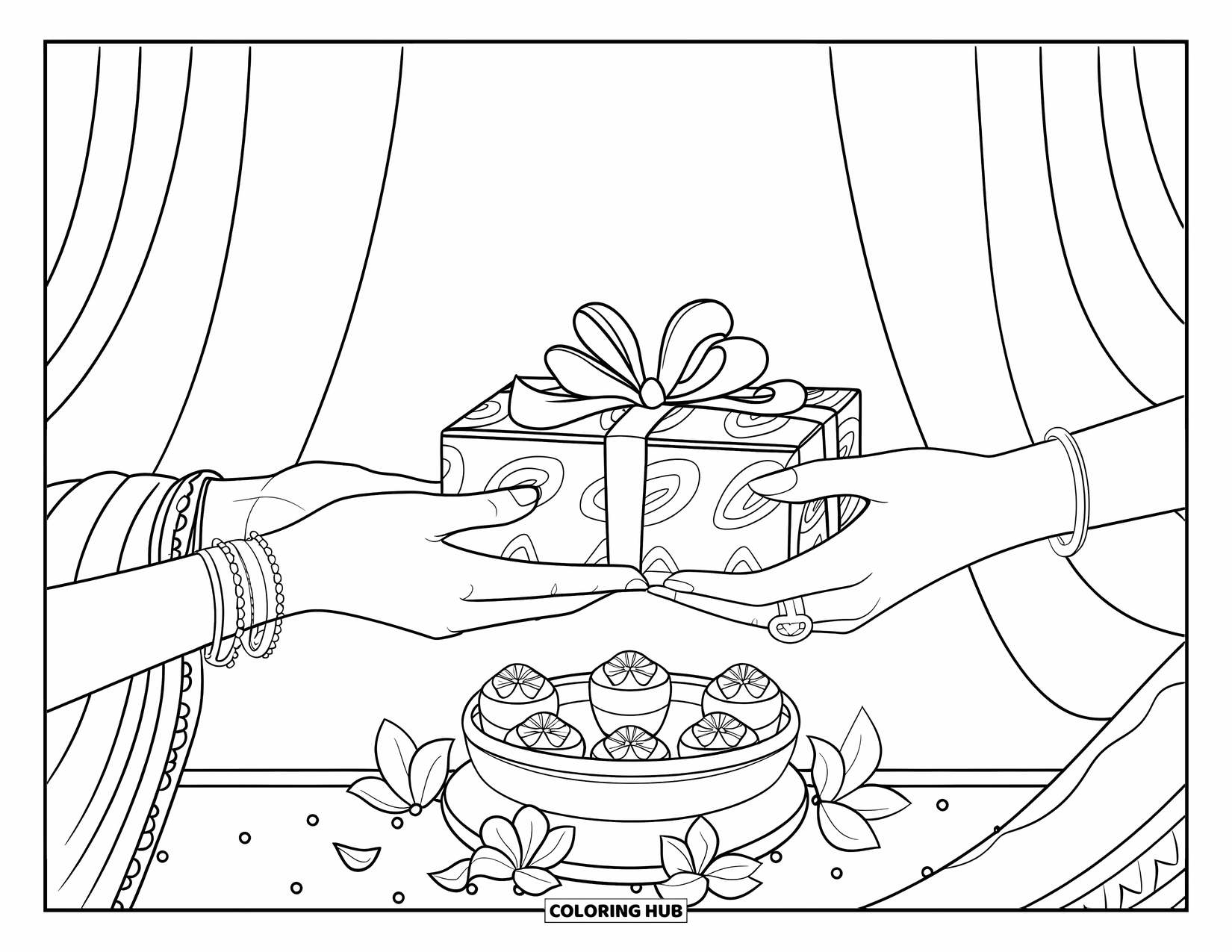 Diwali Coloring Page for Kids: Two people share a festive gift surrounded by flowers and sweets