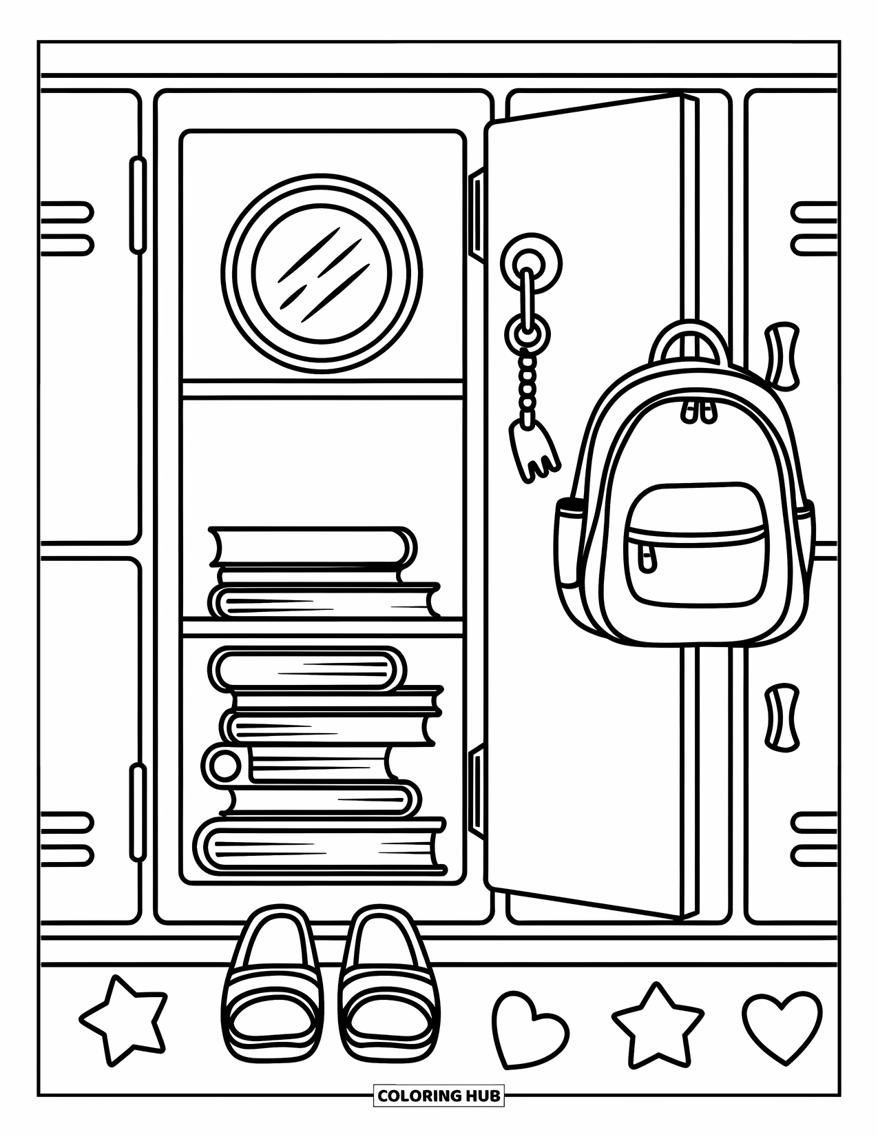 End Of School Year Coloring Page for Adults: A cute locker scene with notebooks, a keychain, and star magnets