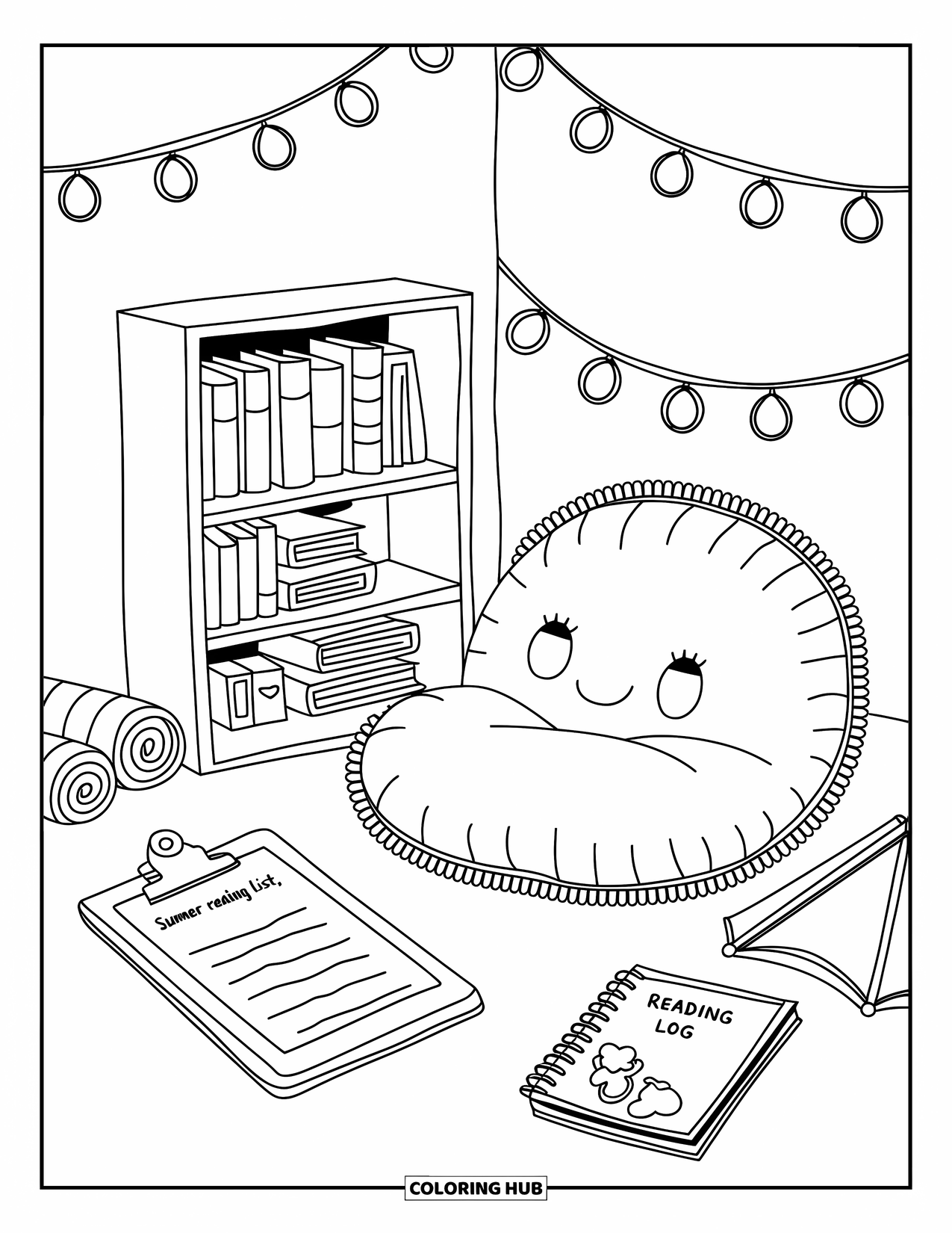 End Of School Year Coloring Page for Adults: A cute reading spot with a book pile and a "Summer Reading List"