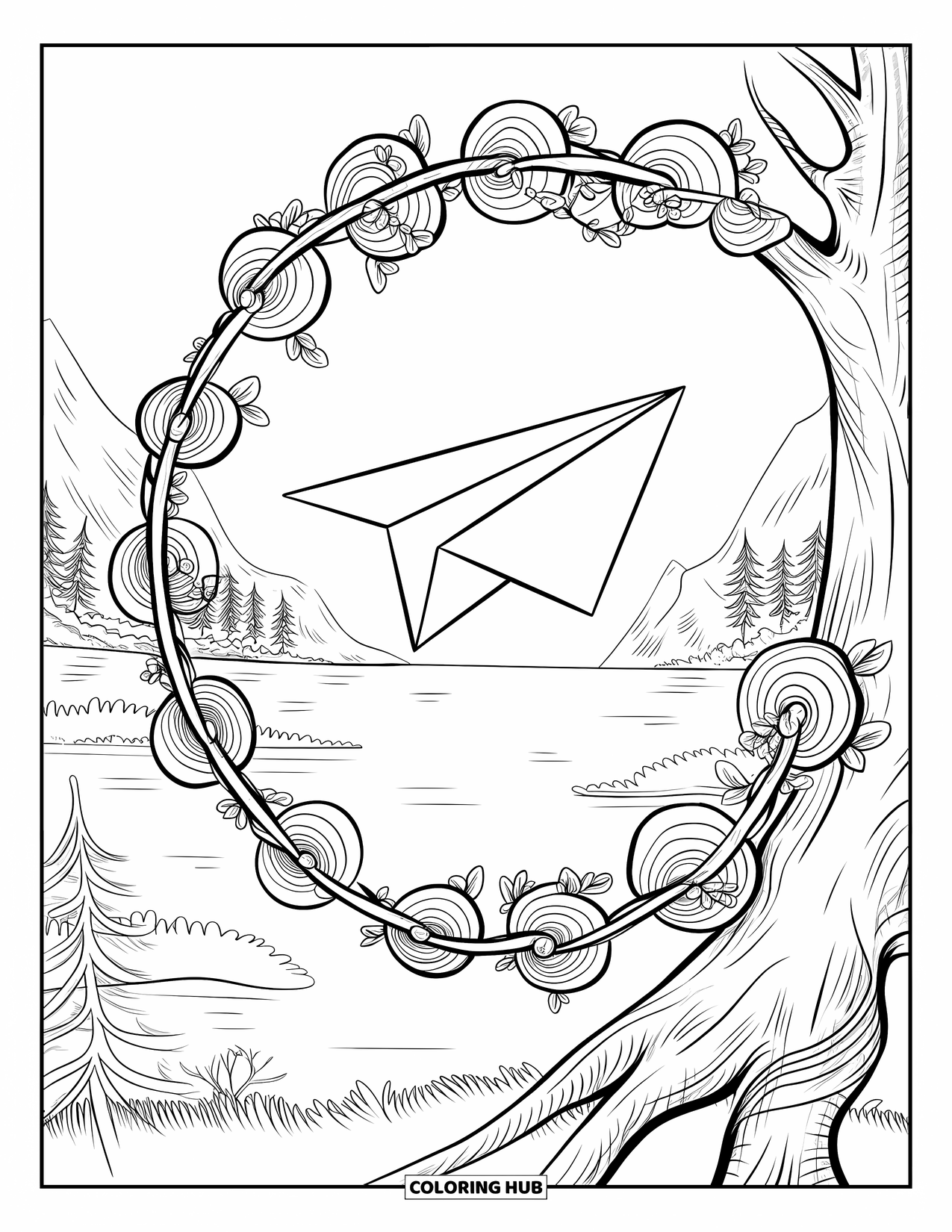 End Of School Year Coloring Page for Adults: A paper plane flies past vines and a tree with mountains beyond
