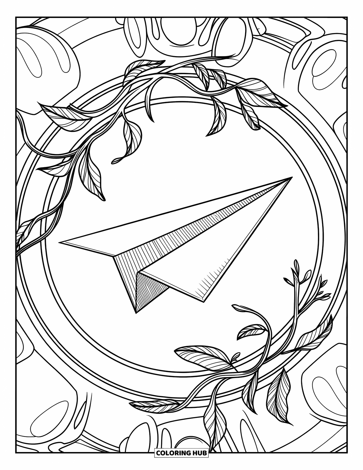 End Of School Year Coloring Page for Adults: A paper plane glides through winding vines and circular patterns