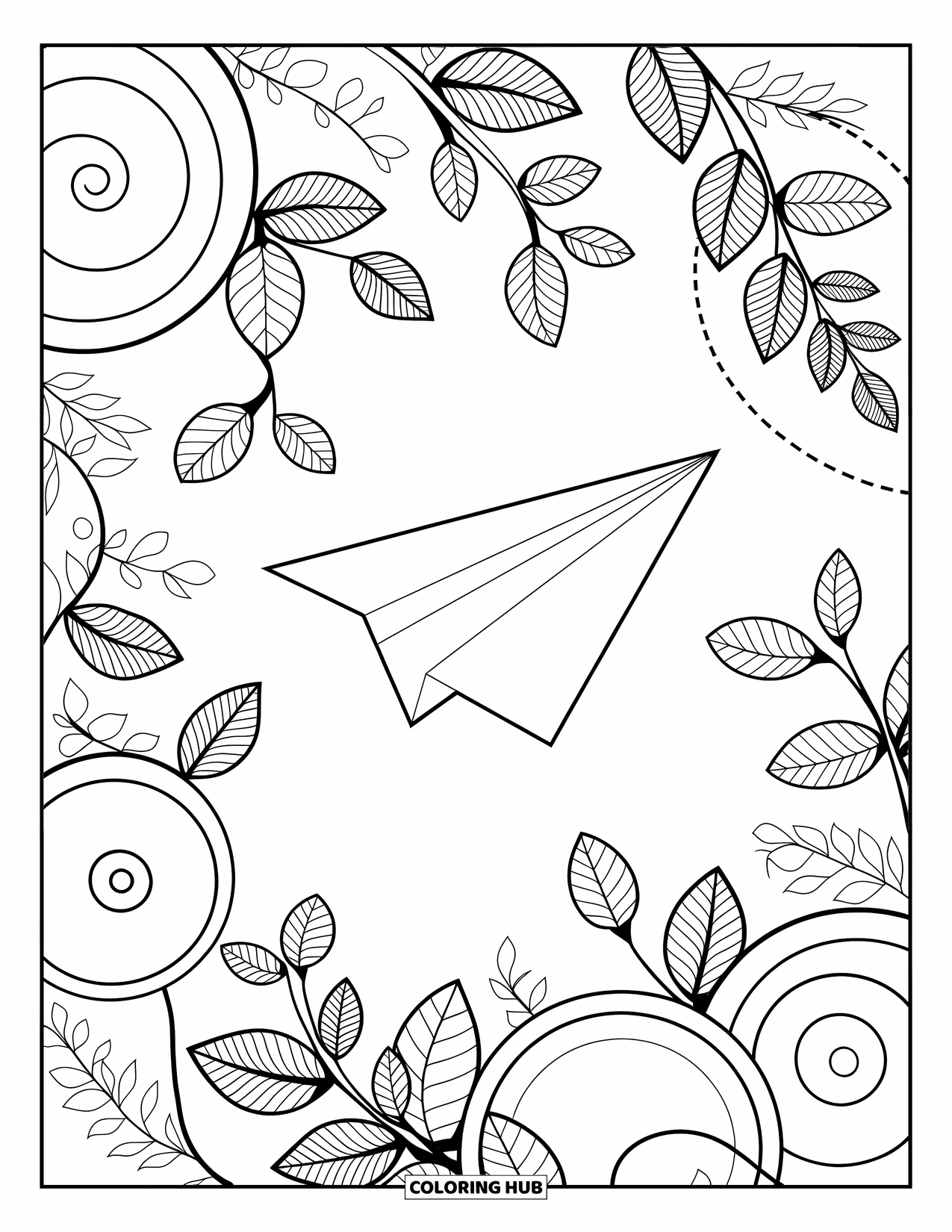 End Of School Year Coloring Page for Adults: A paper plane weaves through detailed vines and tiny flowers