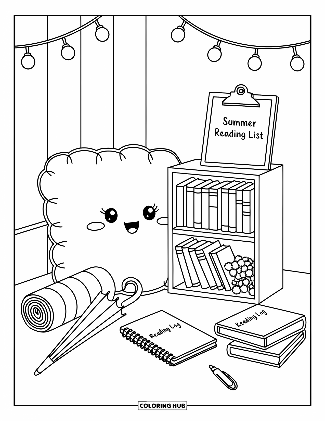 End Of School Year Coloring Page for Adults: A peaceful reading nook with fairy lights, books, and a cozy cushion