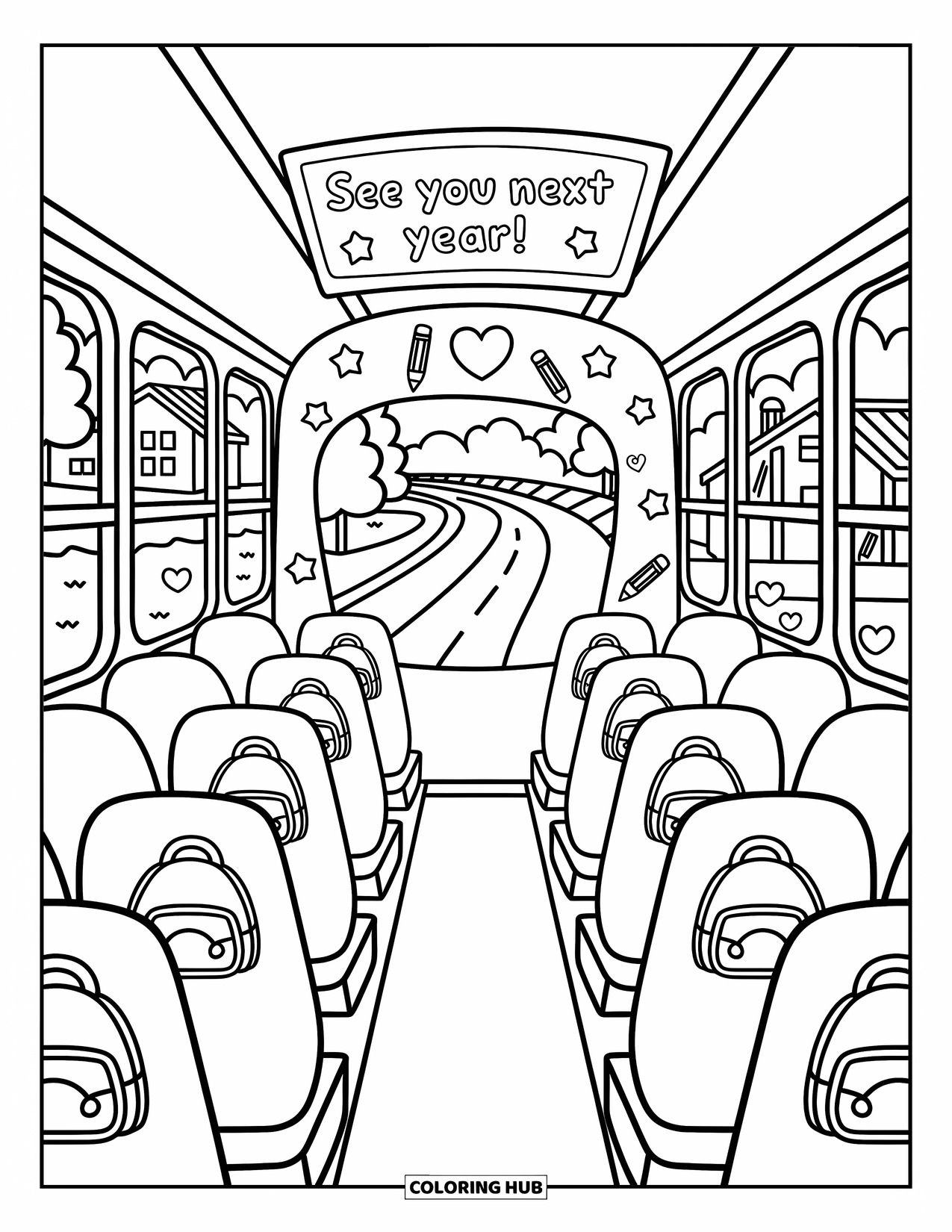 End Of School Year Coloring Page for Adults: A school bus interior with backpacks and a "See You Next Year!" sign