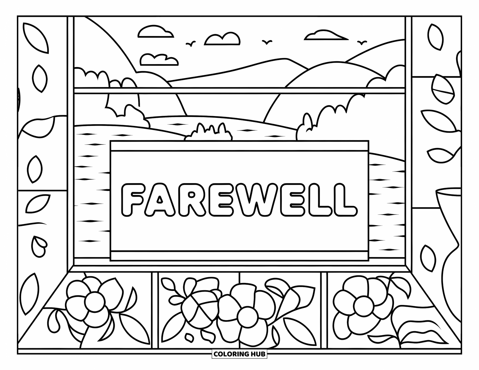 End Of School Year Coloring Page for Adults: A simple farewell card sits by a window with flowers and a small vase