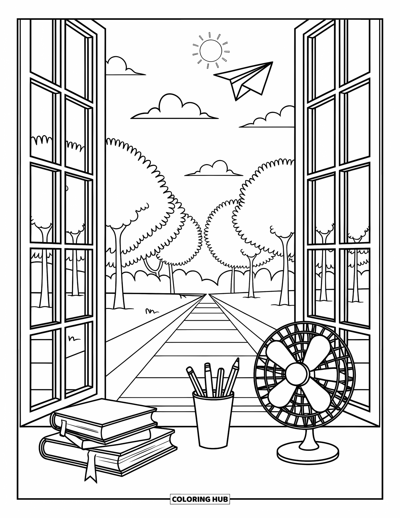 End Of School Year Coloring Page for Adults: A sunny classroom window view with books and a floating paper airplane