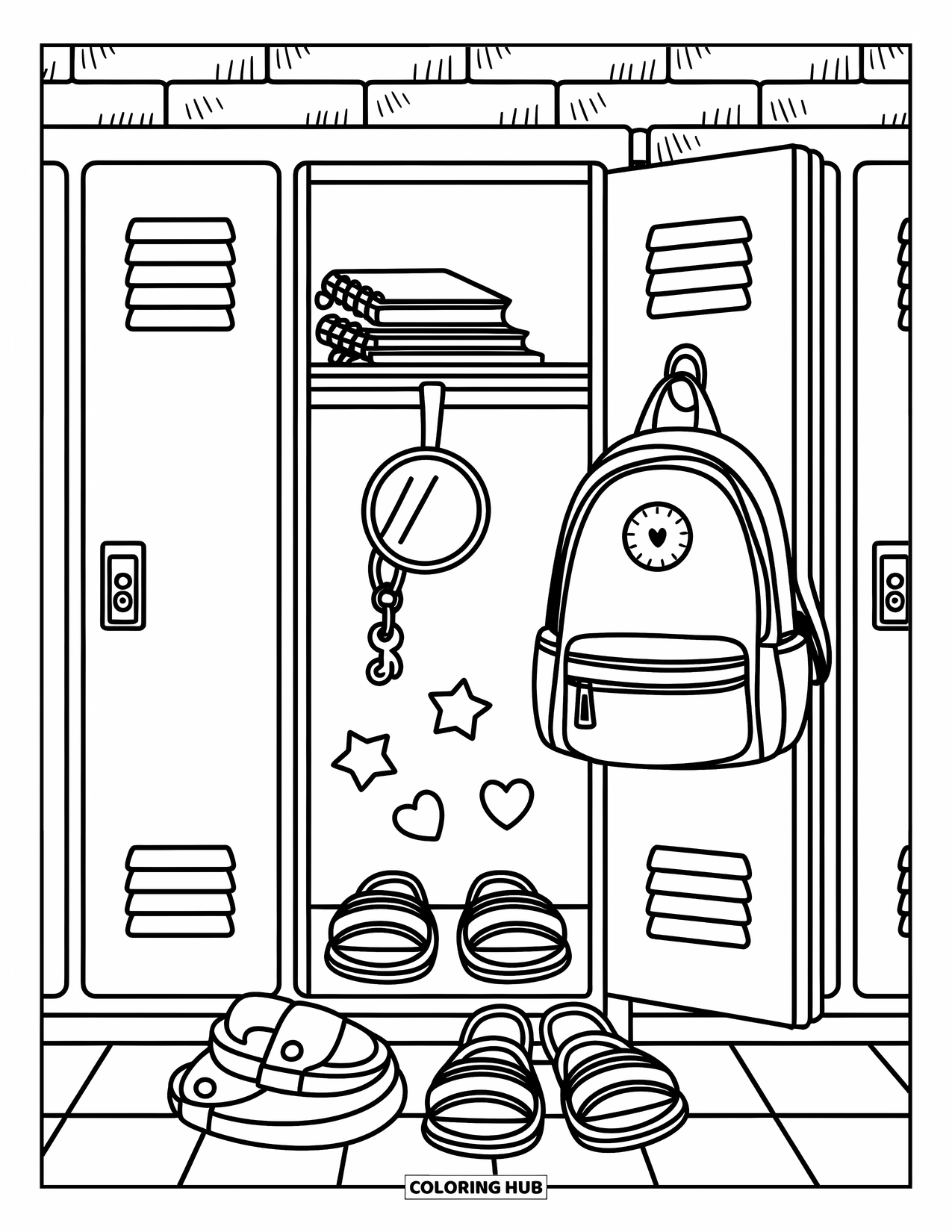 End Of School Year Coloring Page for Adults: An open locker with heart magnets, books, and a backpack inside