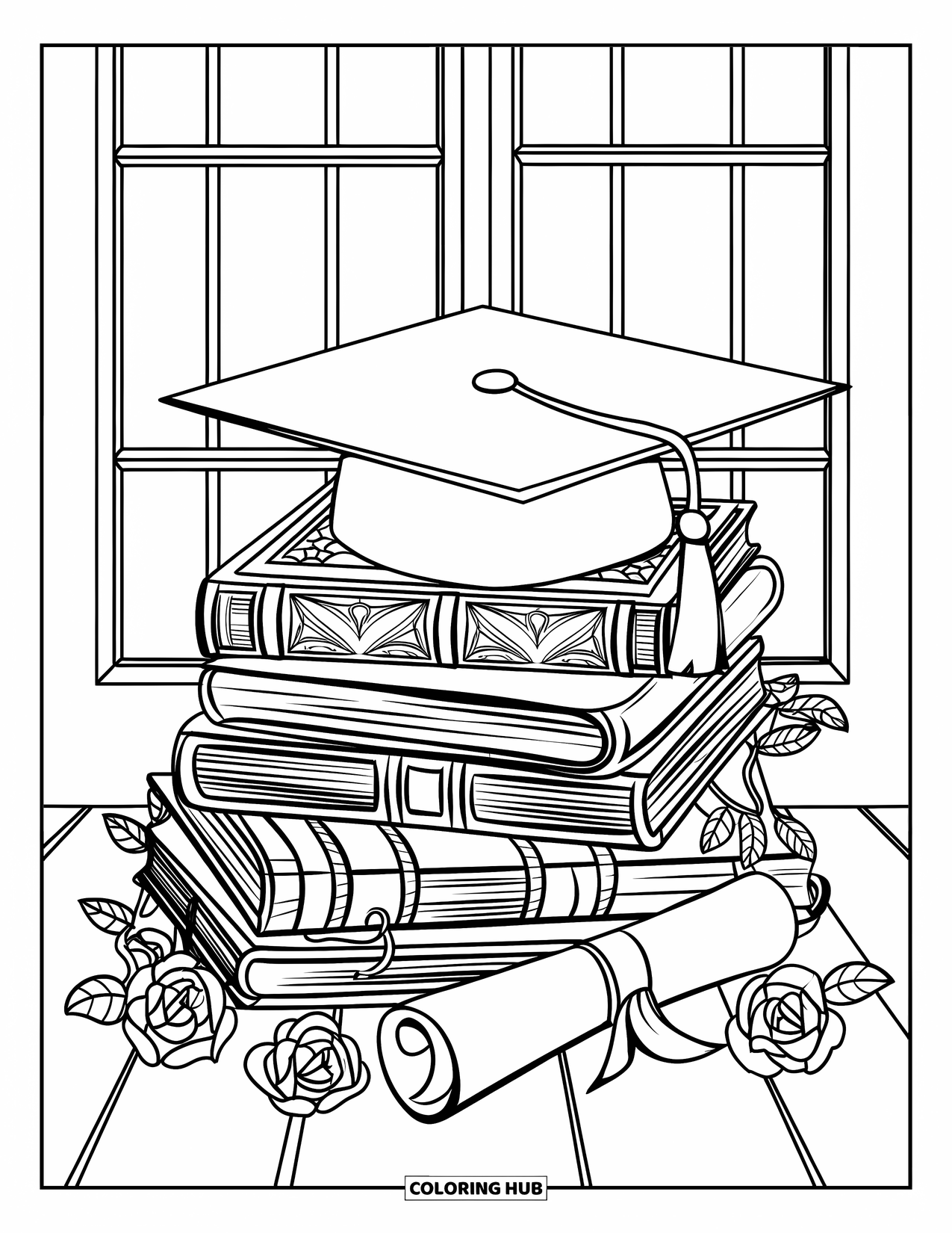 End Of School Year Coloring Page for Adults: Books and a diploma sit beneath a cap framed by blooming roses