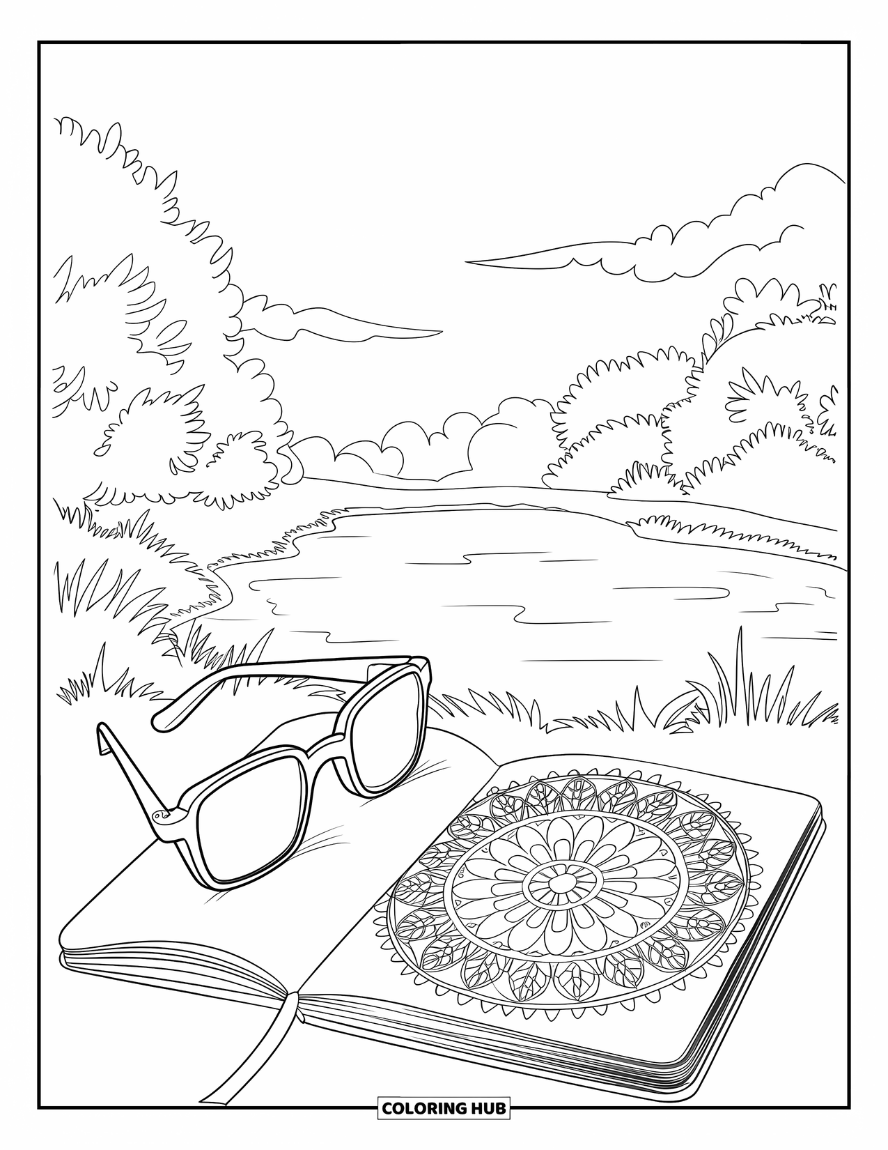 End Of School Year Coloring Page for Adults: Glasses rest on a notebook near a peaceful lake and trees