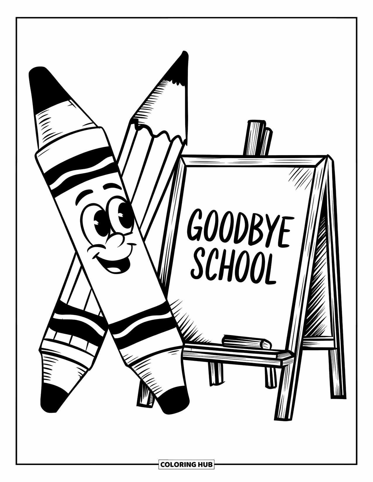 End Of School Year Coloring Page for Kids: A big crayon and pencil smile beside a "Goodbye School" sign