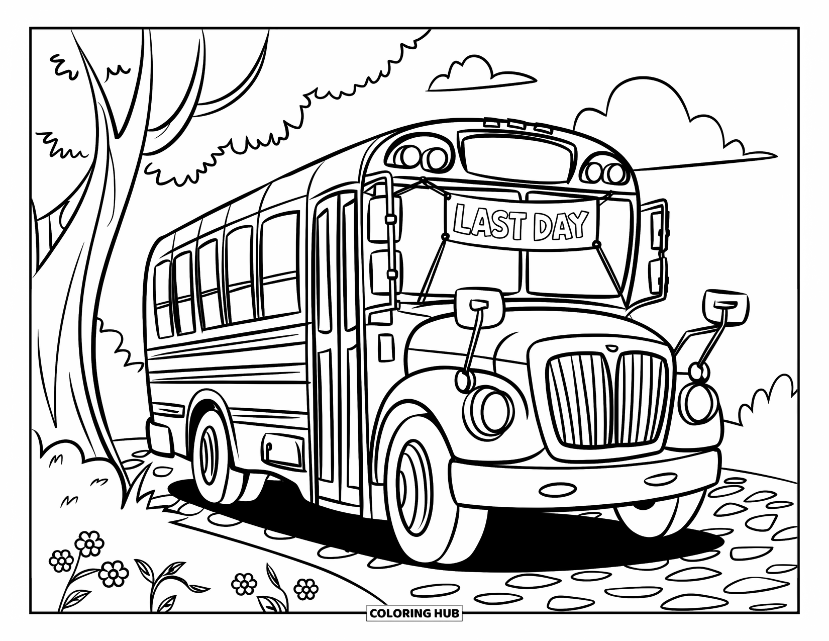 End Of School Year Coloring Page for Kids: A cheerful bus under a tree celebrating the last day of school