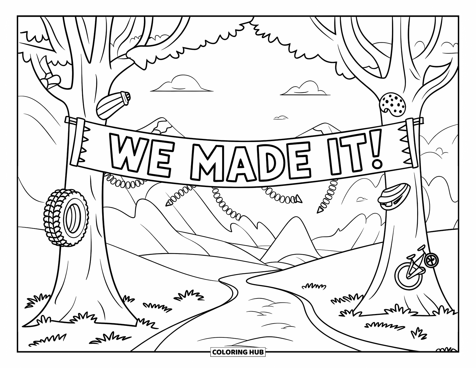 End Of School Year Coloring Page for Kids: A cheerful outdoor banner celebration with trees and bright streamers