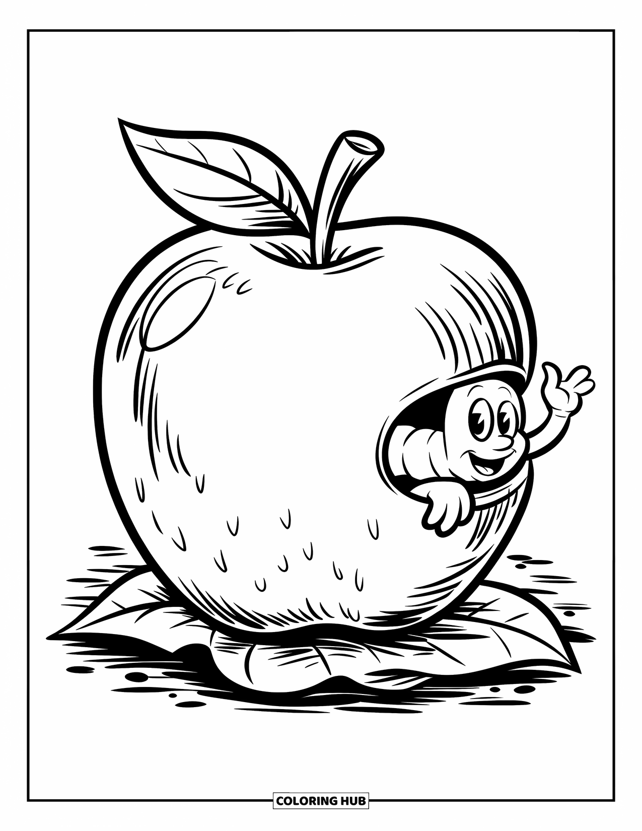 End Of School Year Coloring Page for Kids: A cheerful worm waves from a shiny apple sitting on a leaf