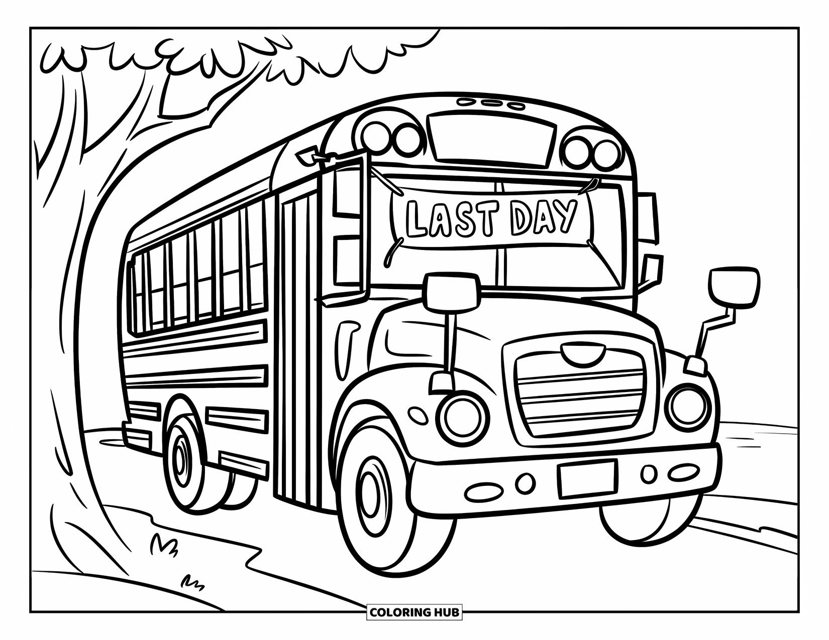 End Of School Year Coloring Page for Kids: A cute school bus with big eyes and a "Last Day" sign