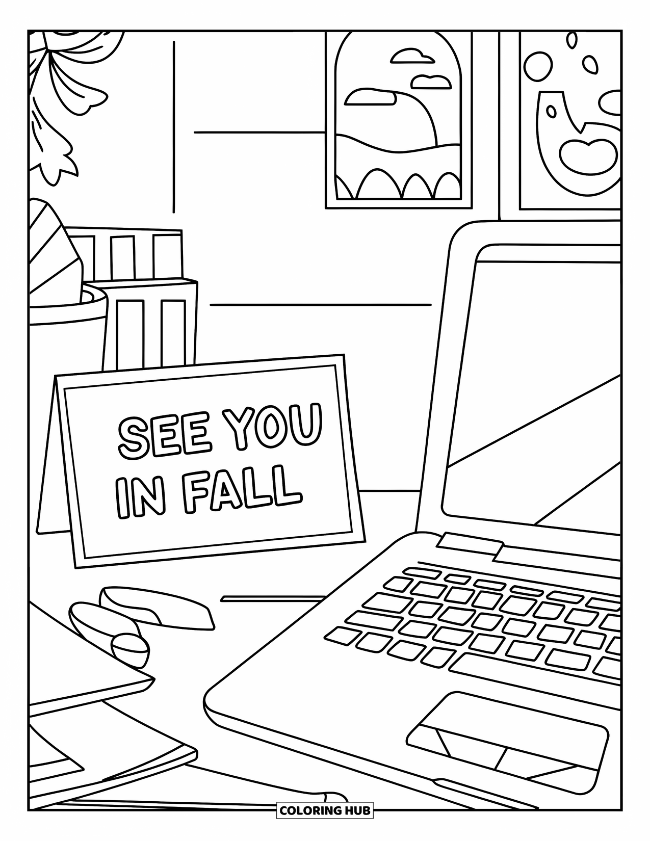End Of School Year Coloring Page for Kids: A desk scene with a laptop, farewell card, and "See You in Fall" note
