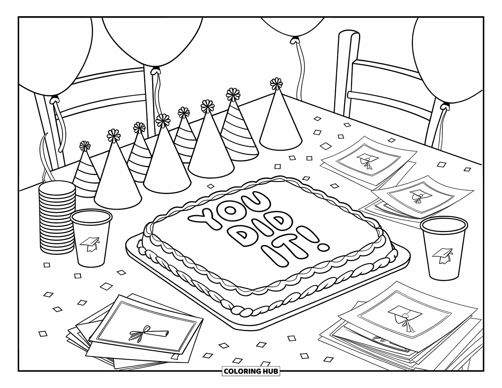 End Of School Year Coloring Page for Kids: A festive table with cake, hats, and confetti for a mini graduation