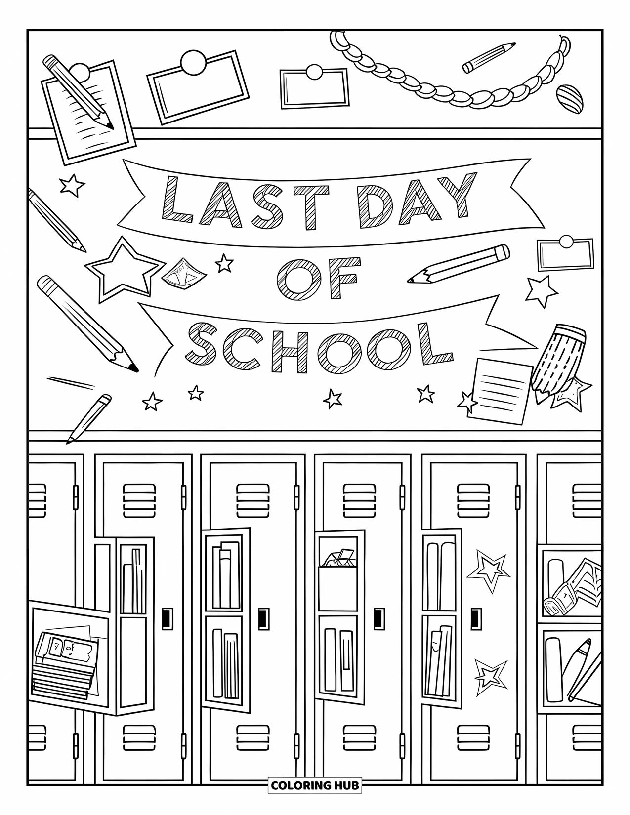 End Of School Year Coloring Page for Kids: A fun bulletin board with memories, doodles, and a big banner