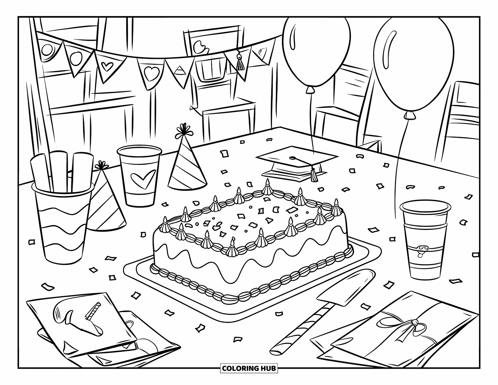 End Of School Year Coloring Page for Kids: A fun graduation party setup with treats, confetti, and decorations